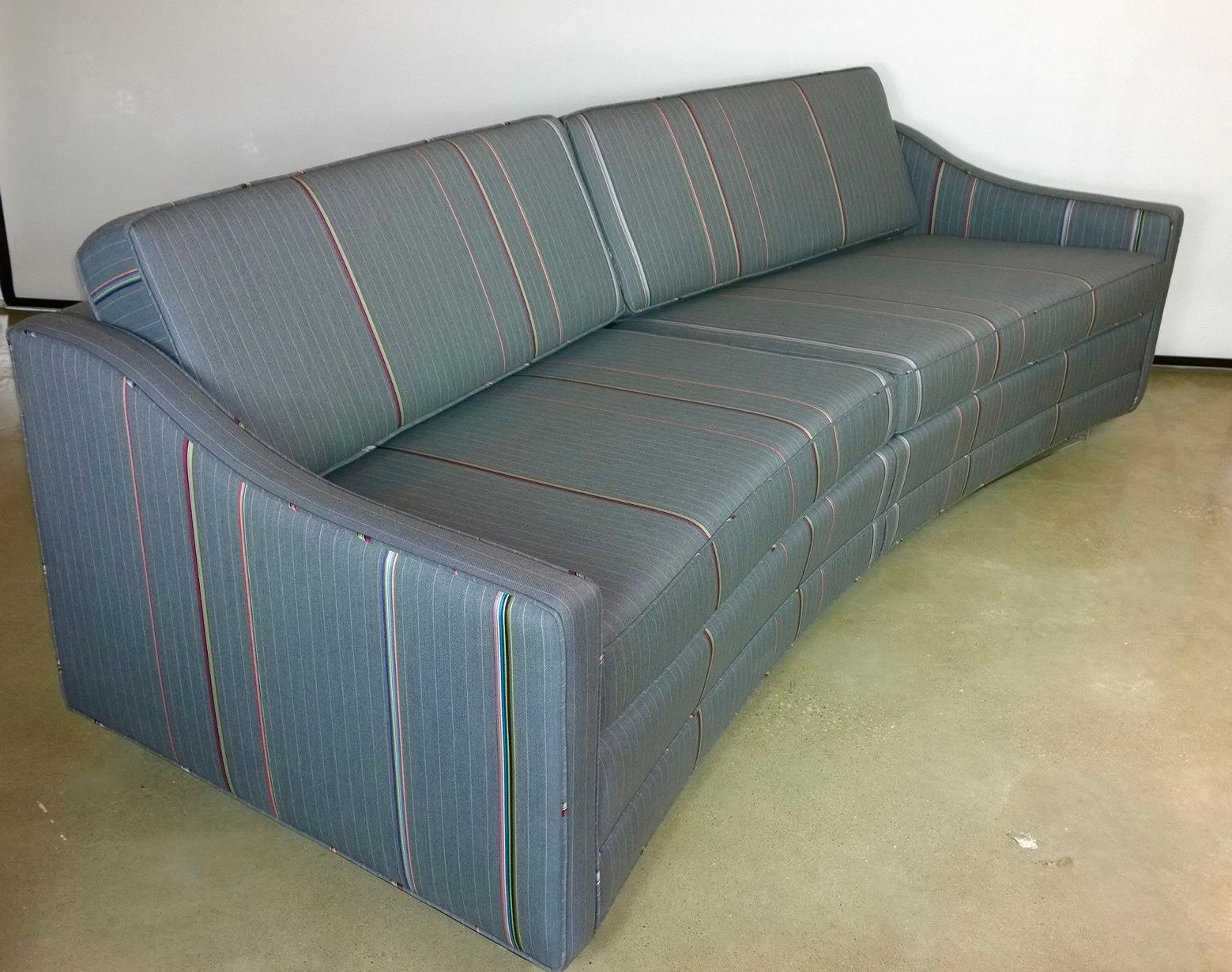 Mid-Century Modern Harvey Probber Gray w/ Red, Blue and Green Pinstripe Lit Curved Lucite Base Sofa For Sale