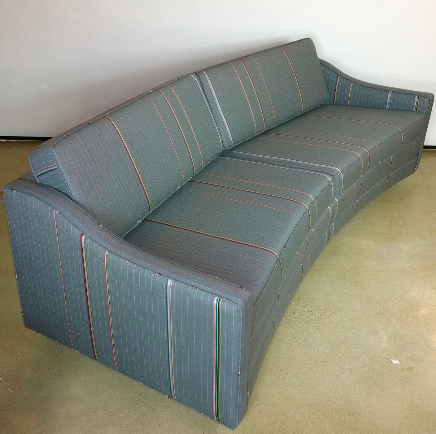 Harvey Probber Gray w/ Red, Blue and Green Pinstripe Lit Curved Lucite Base Sofa In Good Condition For Sale In Houston, TX