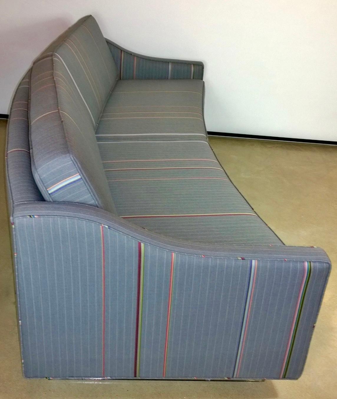 Mid-20th Century Harvey Probber Gray w/ Red, Blue and Green Pinstripe Lit Curved Lucite Base Sofa For Sale