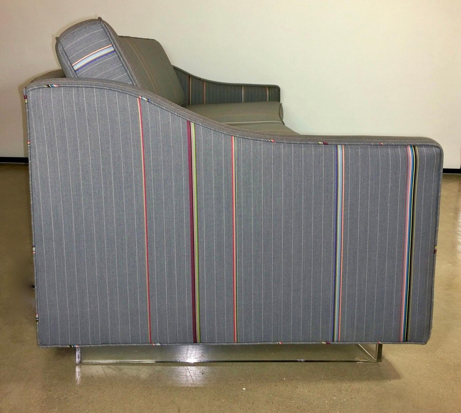 Fabric Harvey Probber Gray w/ Red, Blue and Green Pinstripe Lit Curved Lucite Base Sofa For Sale