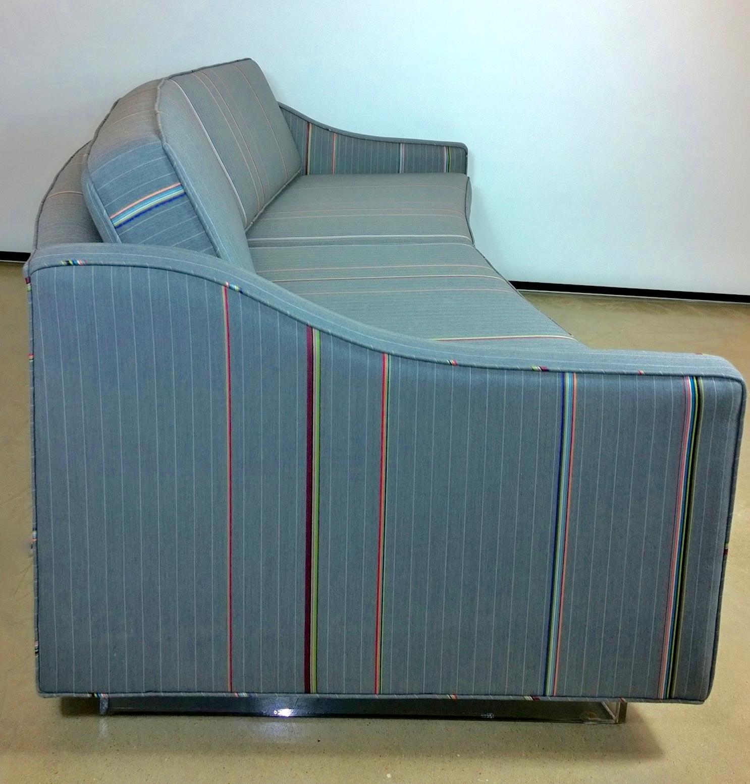 Harvey Probber Gray w/ Red, Blue and Green Pinstripe Lit Curved Lucite Base Sofa For Sale 2