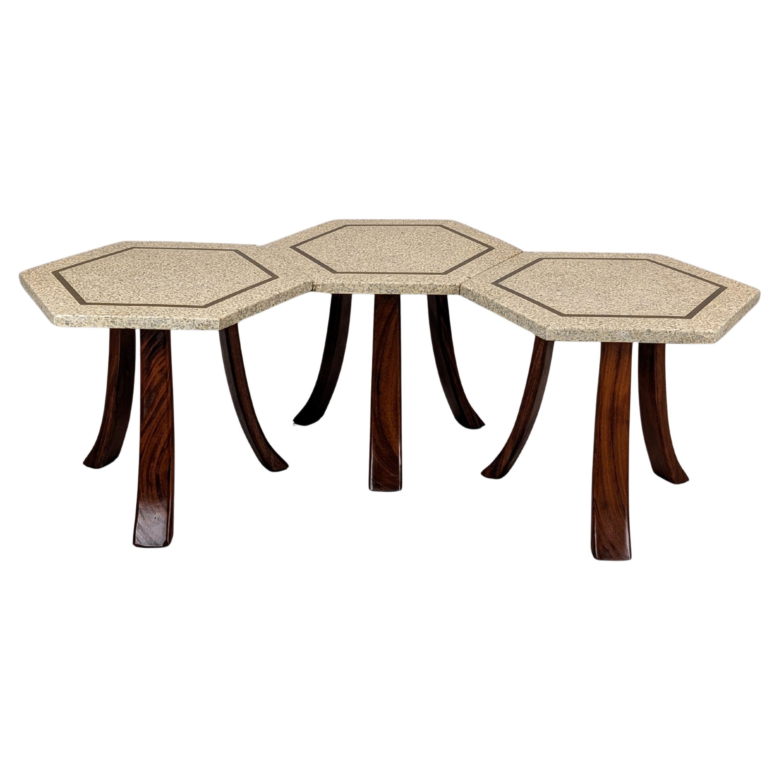 Harvey Probber Hexagon Tables #894 White Stone Top Mahogany Base