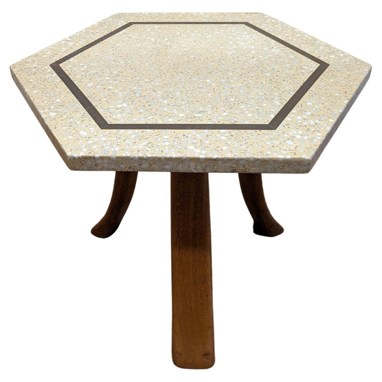 Harvey Probber Terrazzo Hexagon side - end table. Mid century side table terrazzo with inlaid brass detail set on splayed mahogany legs. Nice size perfect for any setting. Very good condition as pictured. Patina to the brass, nick to the lower legs.