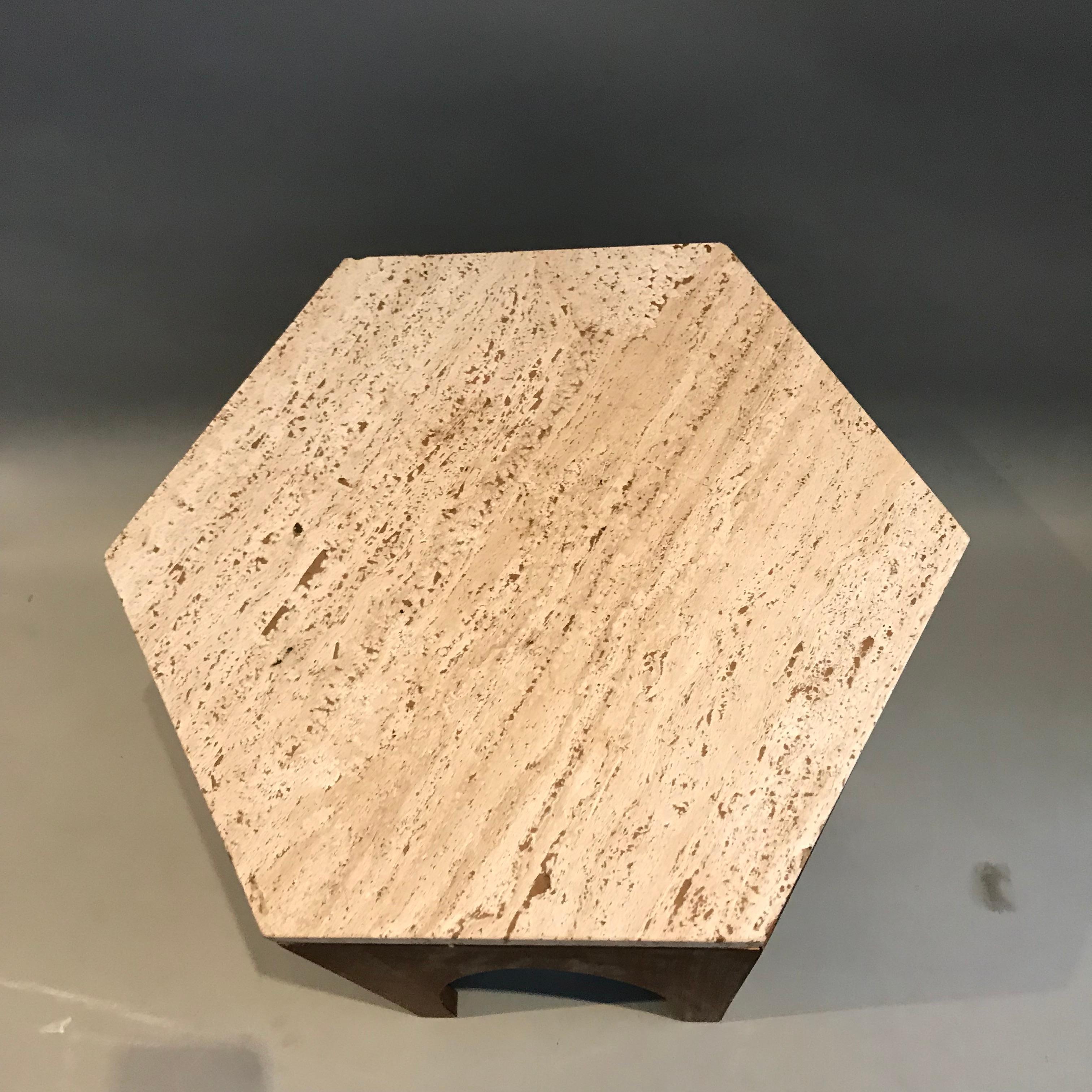 Gorgeous Harvey Probber side or end table. Walnut frame with travertine top. In good condition with age appropriate wear. Measures: 16 inches wide and 17 inches tall.