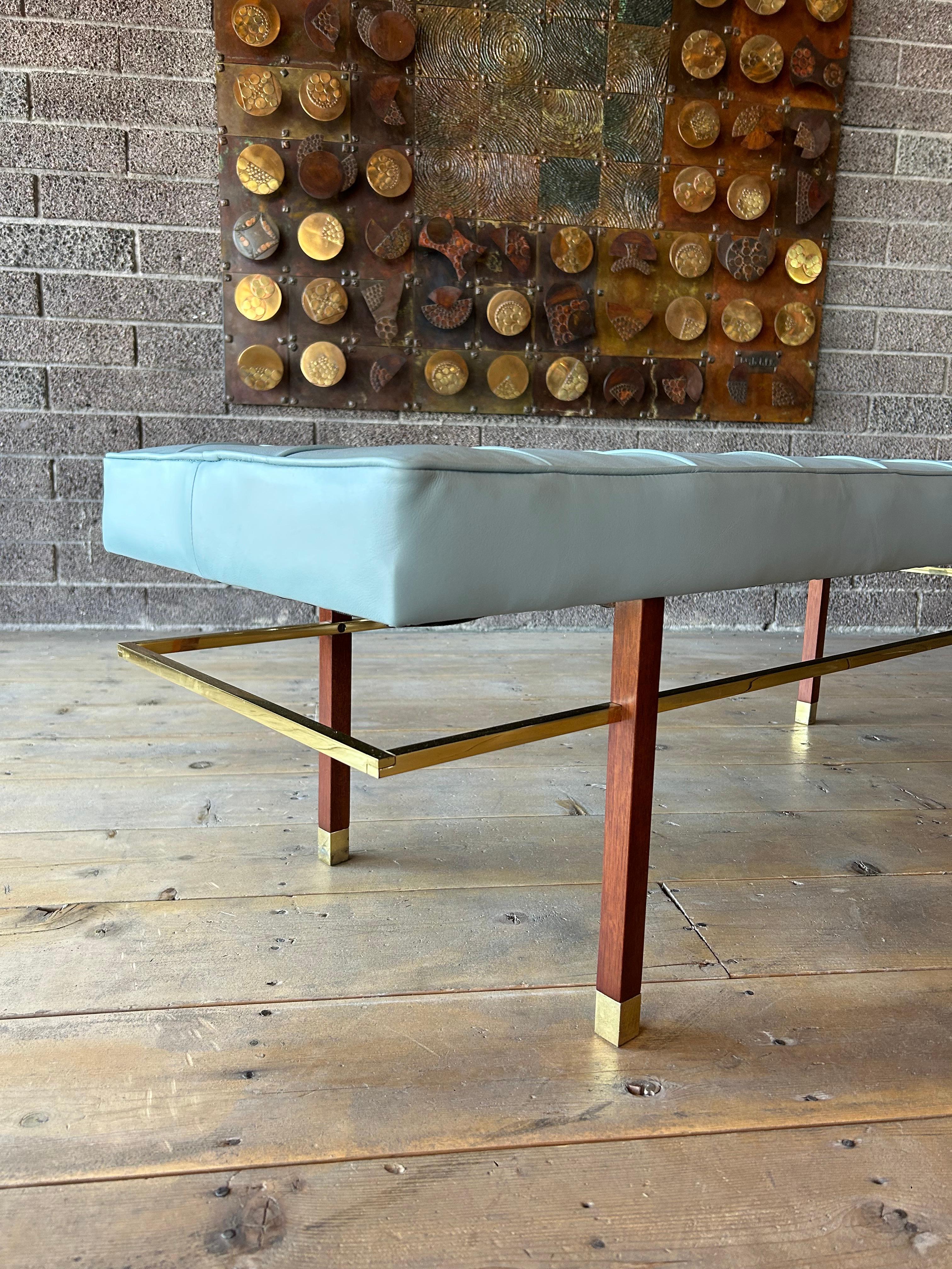 Harvey Probber button tufted leather mahogany and solid brass bench circa mid 1950’s. Newly upholstered and finished. 