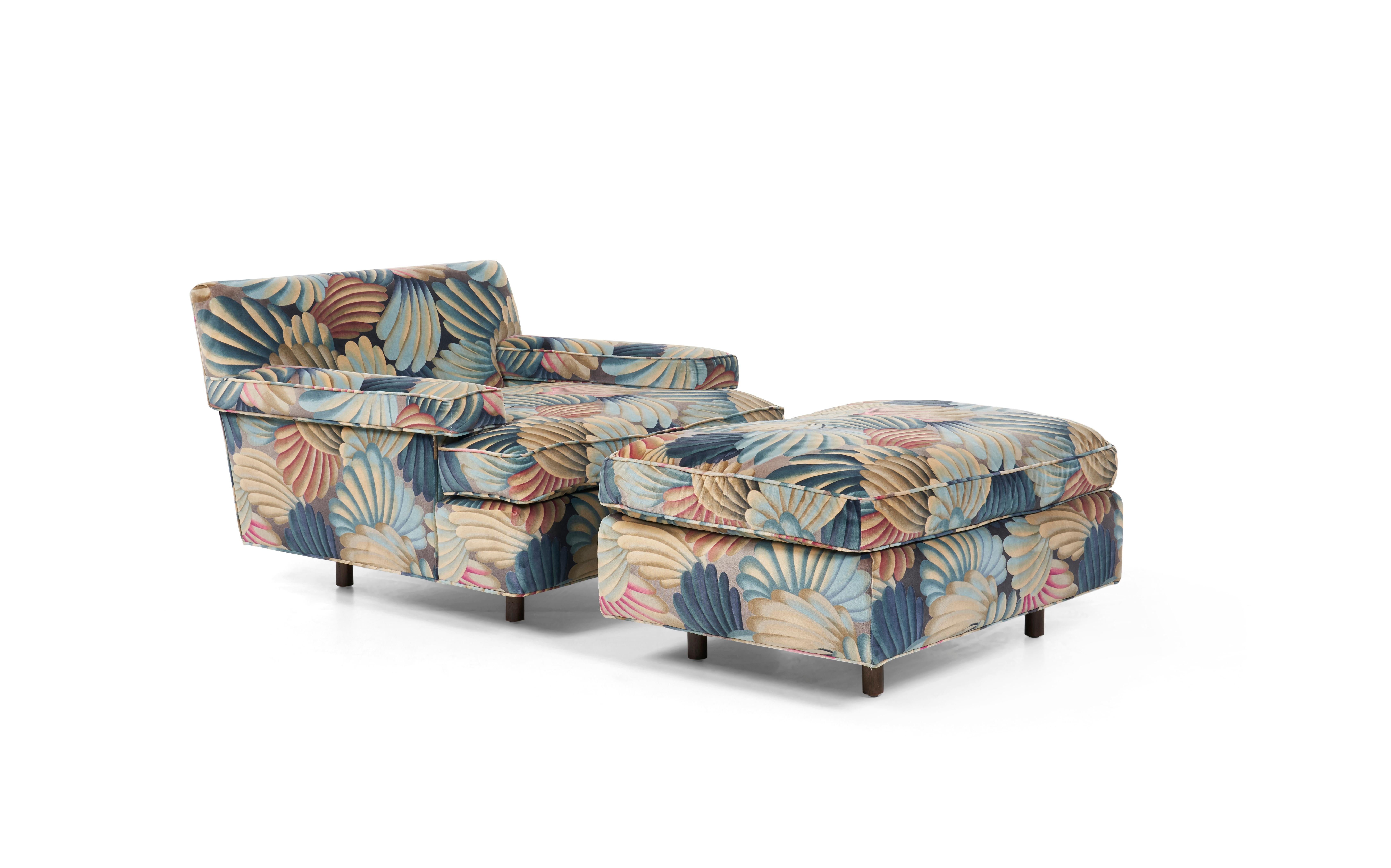 Probber for Probber Inc. Lounge chair and ottoman, custom ordered original cotton velvet upholstery by Jack Lenor Larsen fabric.
Highly skilled upholstery work; well thought-out executed with continuous patterns flow off and on all angles of each