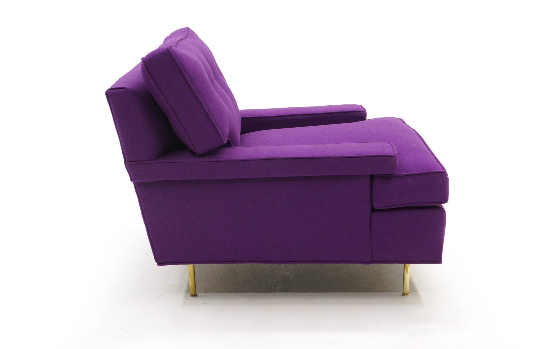 Large and very comfortable lounge chair designed by Harvey Probber. Expertly reupholstered in purple Maharam Hallingdal fabric. Polished brass tubular legs.