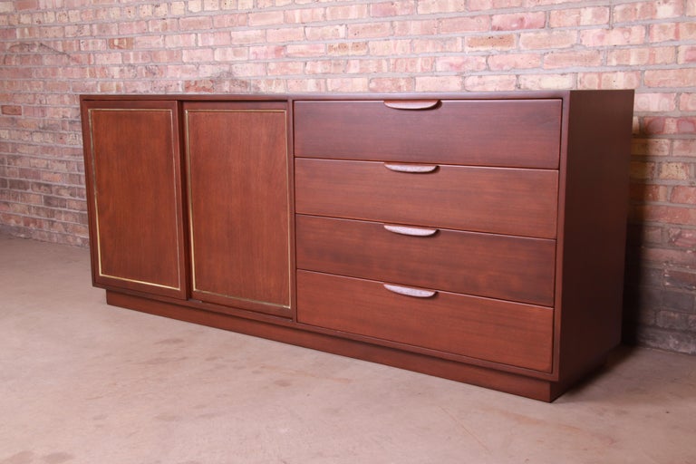 Mid-Century Modern Harvey Probber Mahogany and Brass Sideboard Credenza, Newly Refinished