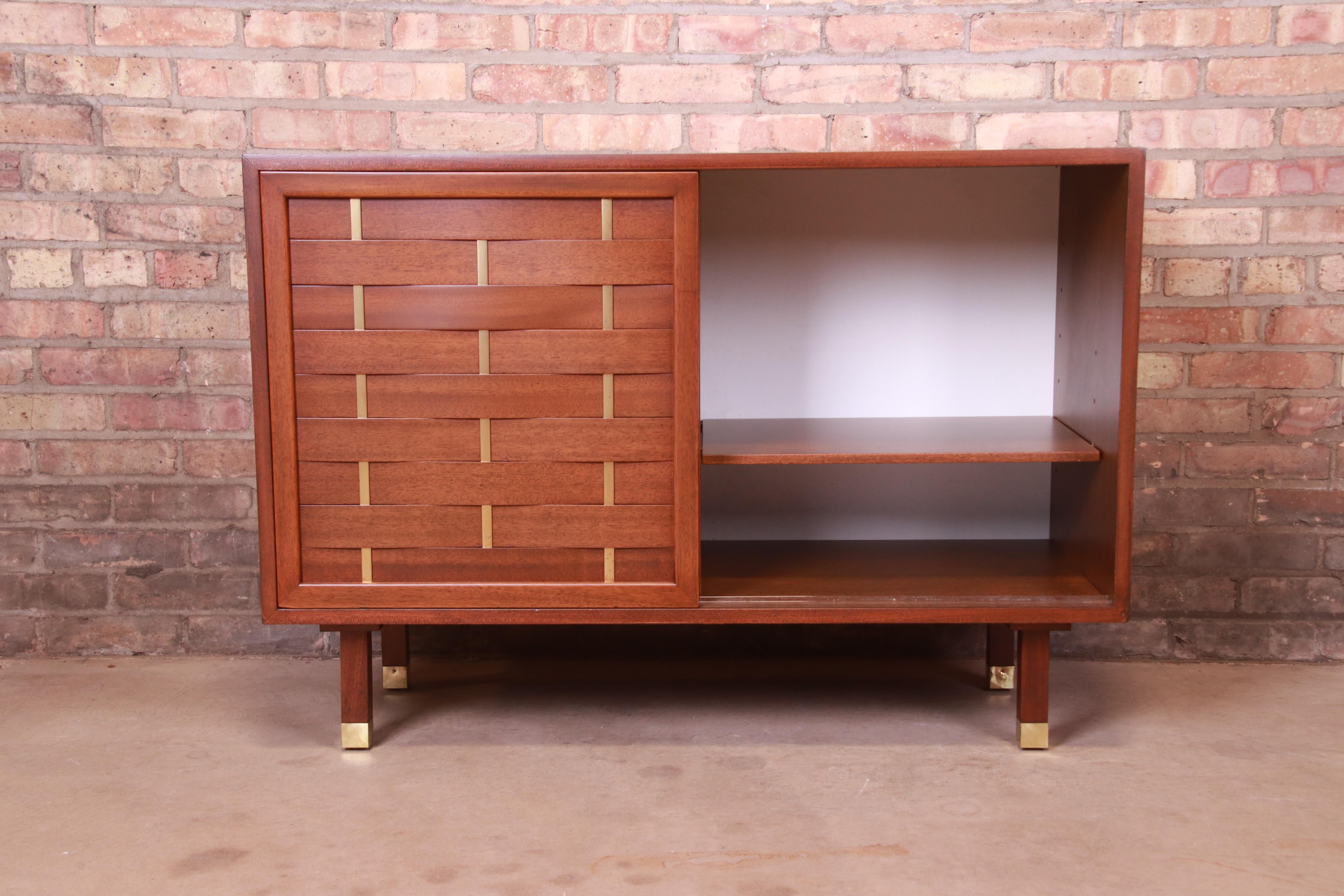 Harvey Probber Mahogany and Brass Woven Front Sliding Door Credenza, Refinished 7