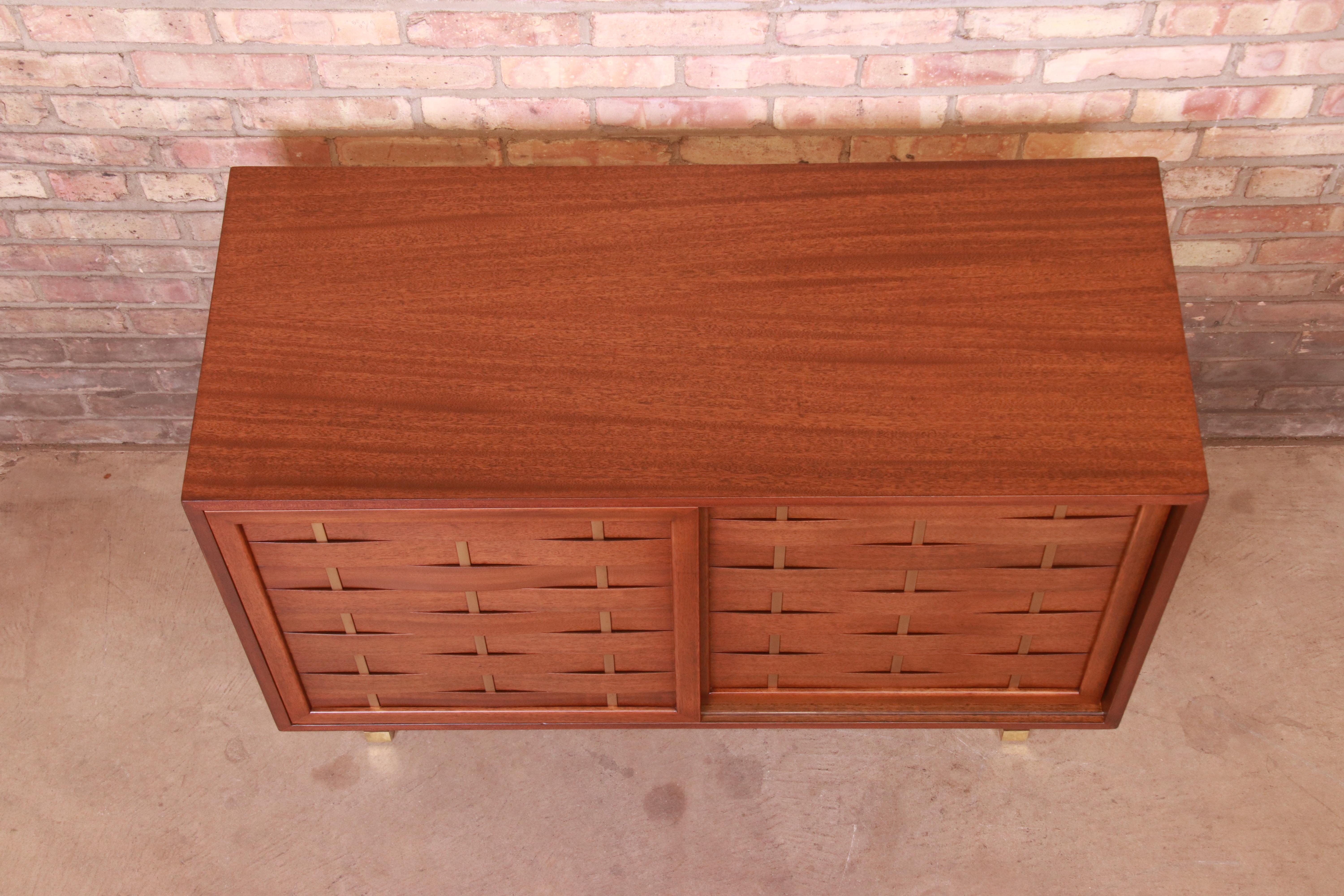 Harvey Probber Mahogany and Brass Woven Front Sliding Door Credenza, Refinished 8