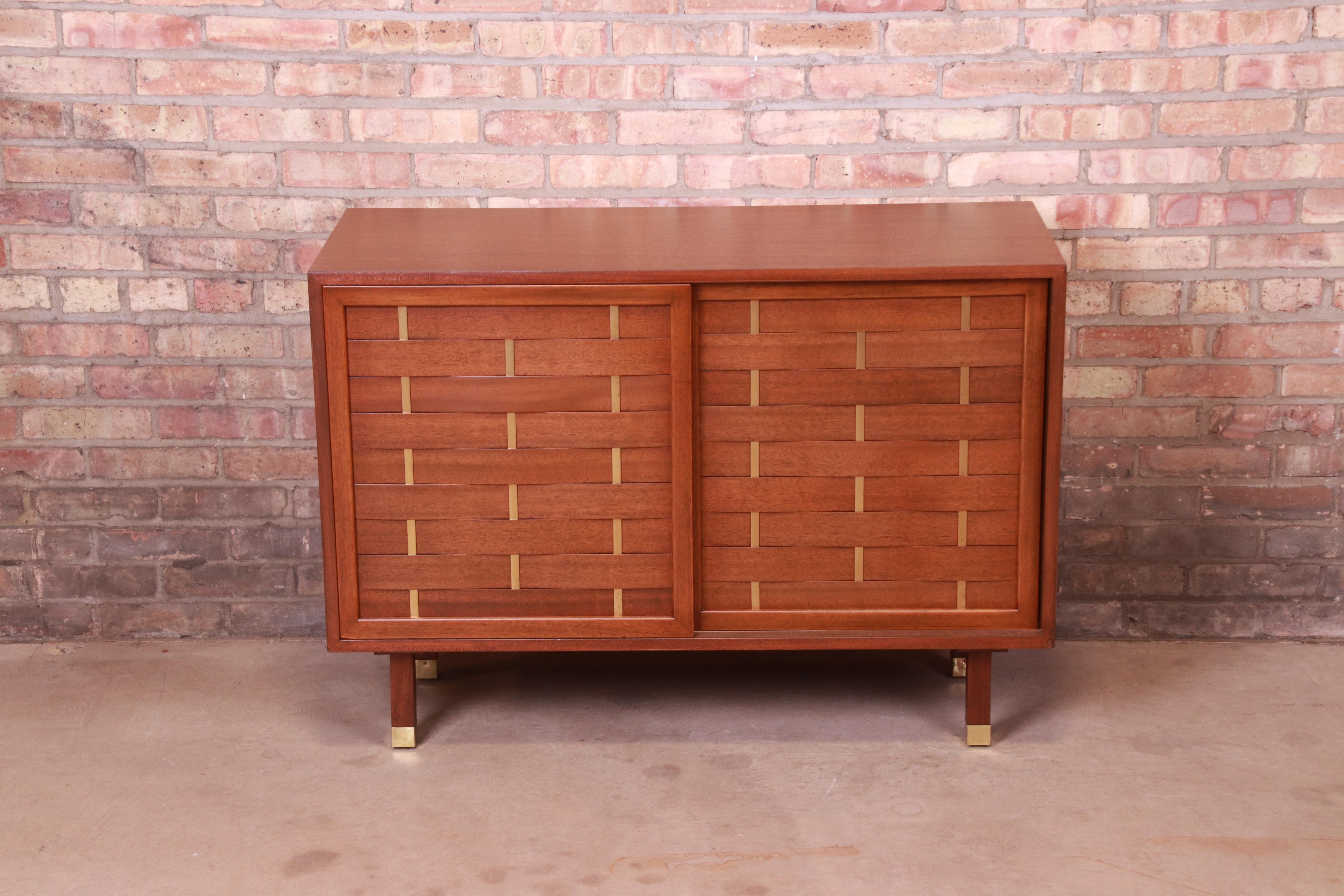 Mid-Century Modern Harvey Probber Mahogany and Brass Woven Front Sliding Door Credenza, Refinished