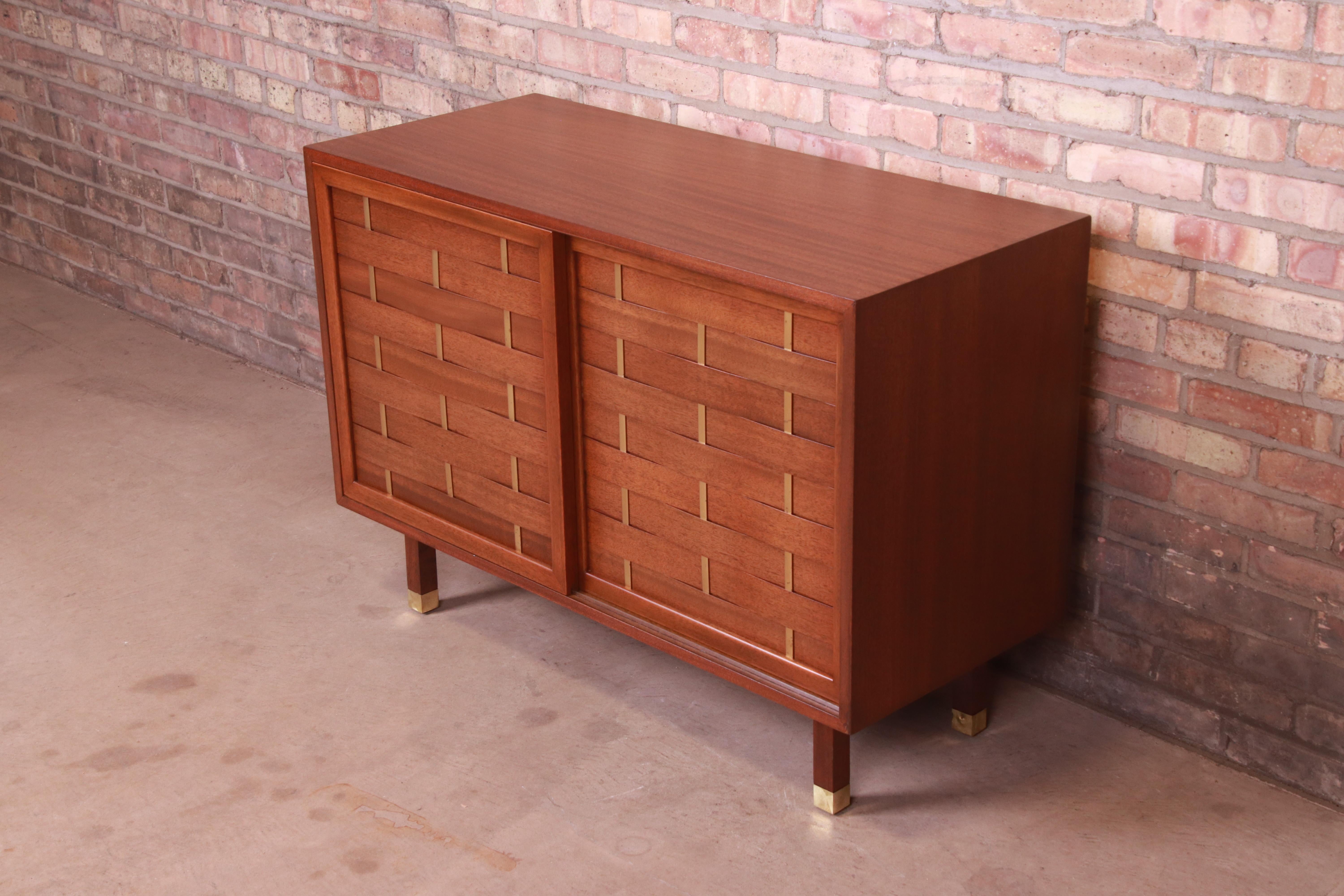 American Harvey Probber Mahogany and Brass Woven Front Sliding Door Credenza, Refinished