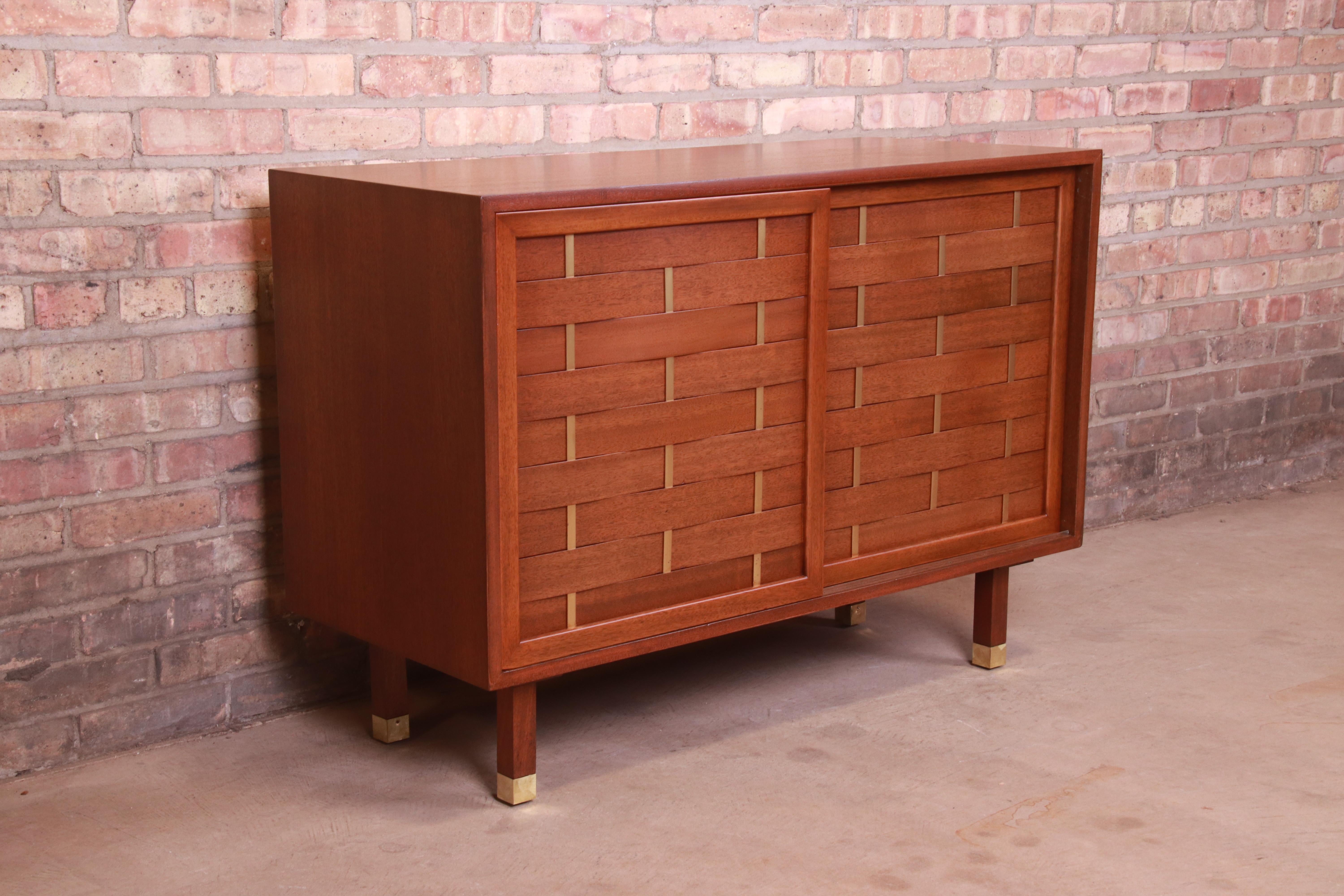 Harvey Probber Mahogany and Brass Woven Front Sliding Door Credenza, Refinished In Good Condition In South Bend, IN