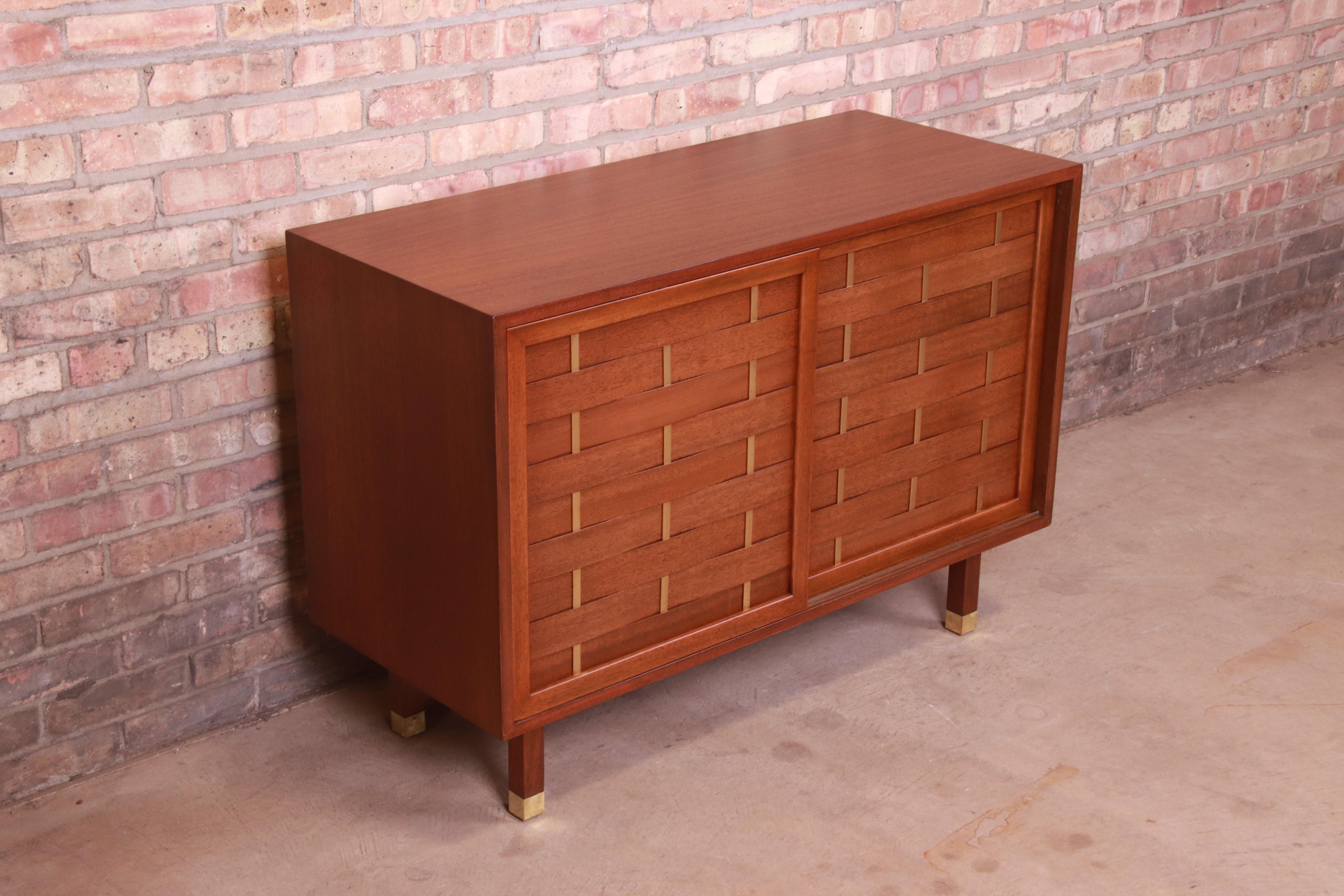 Mid-20th Century Harvey Probber Mahogany and Brass Woven Front Sliding Door Credenza, Refinished