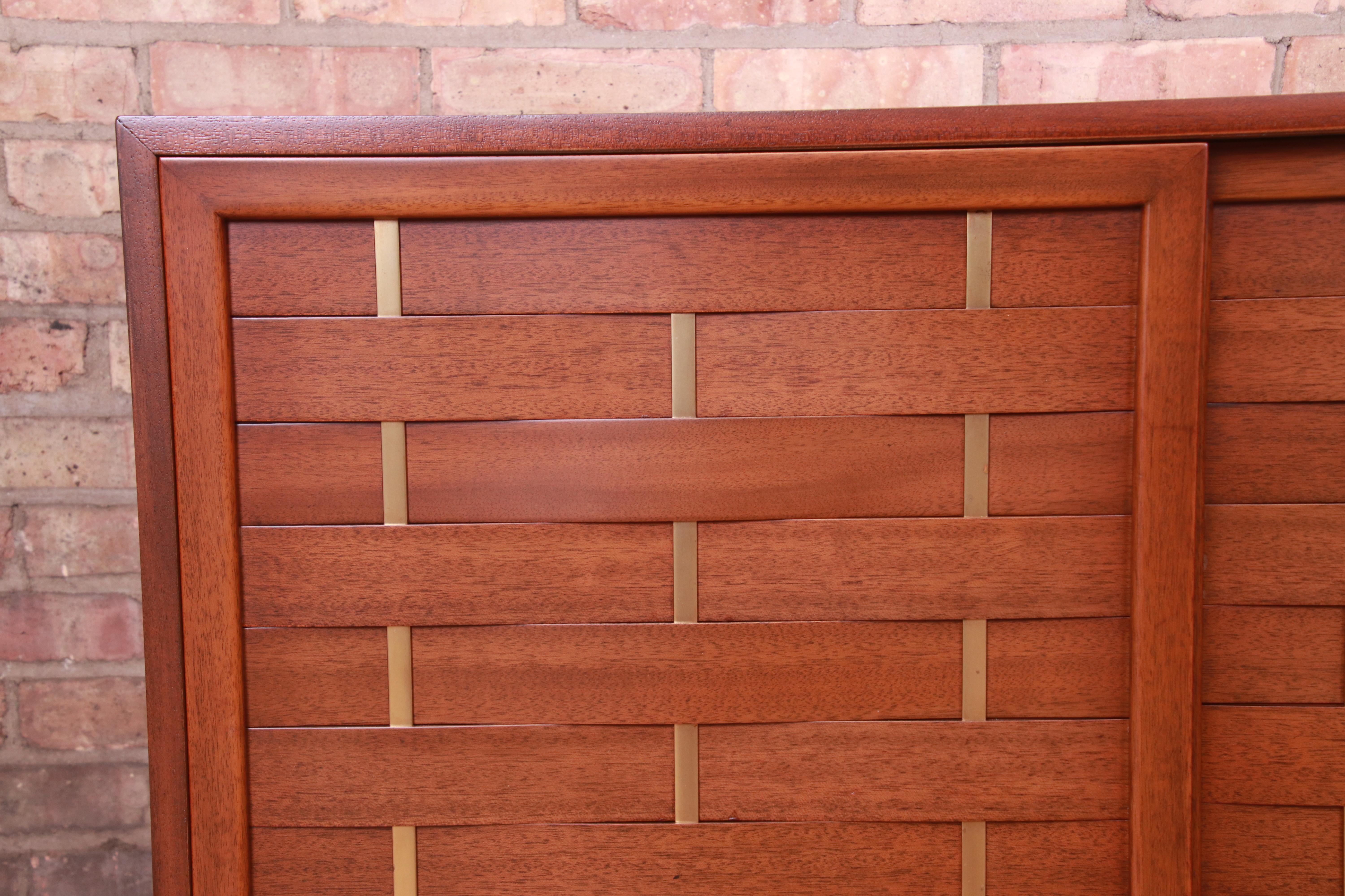 Harvey Probber Mahogany and Brass Woven Front Sliding Door Credenza, Refinished 1