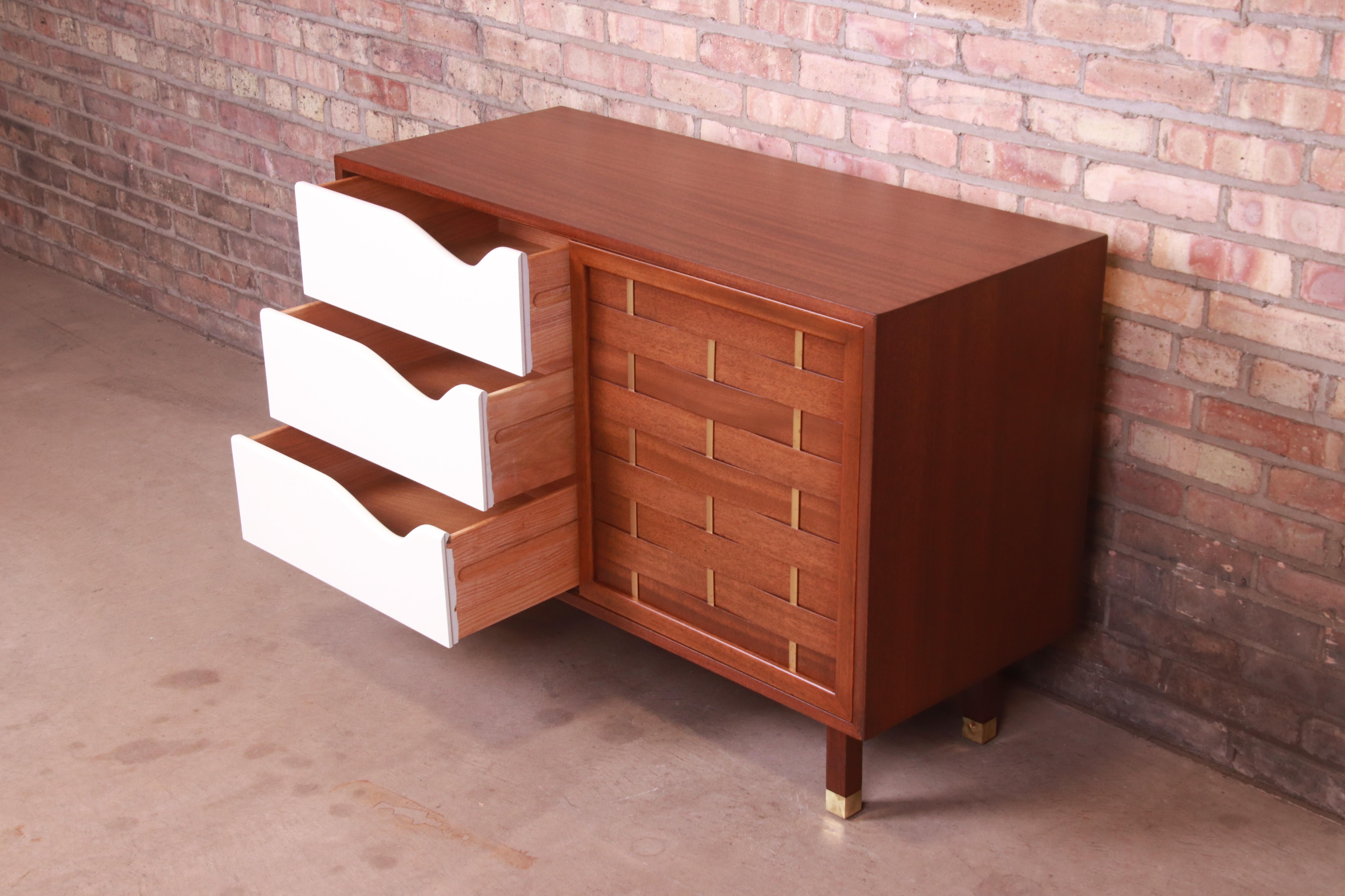 Harvey Probber Mahogany and Brass Woven Front Sliding Door Credenza, Refinished 3