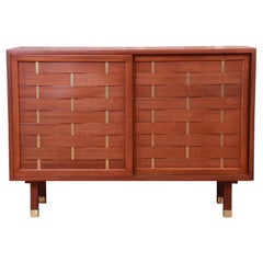 Harvey Probber Mahogany and Brass Woven Front Sliding Door Credenza, Refinished