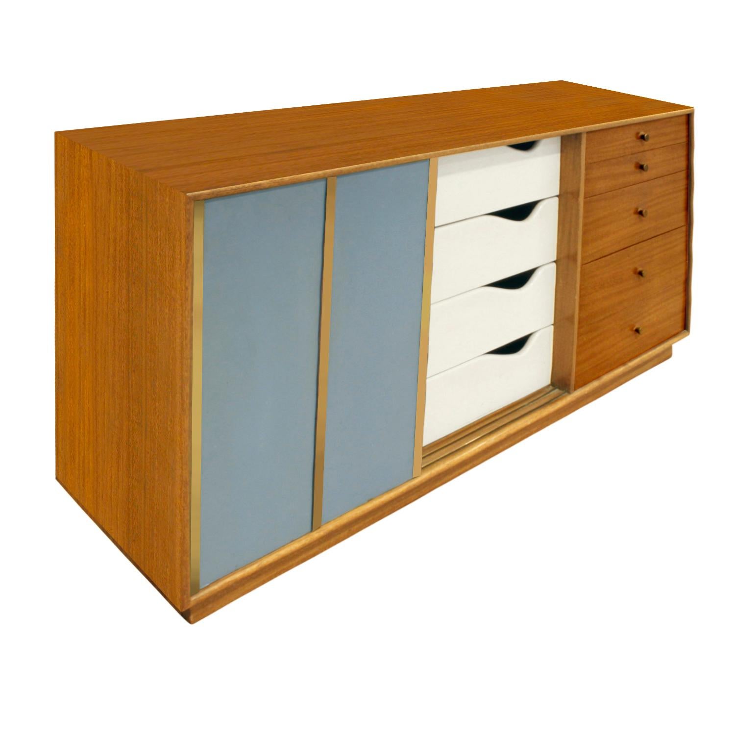 American Harvey Probber Mahogany Credenza with Blue Leather Sliding Doors 1950s 'Signed'