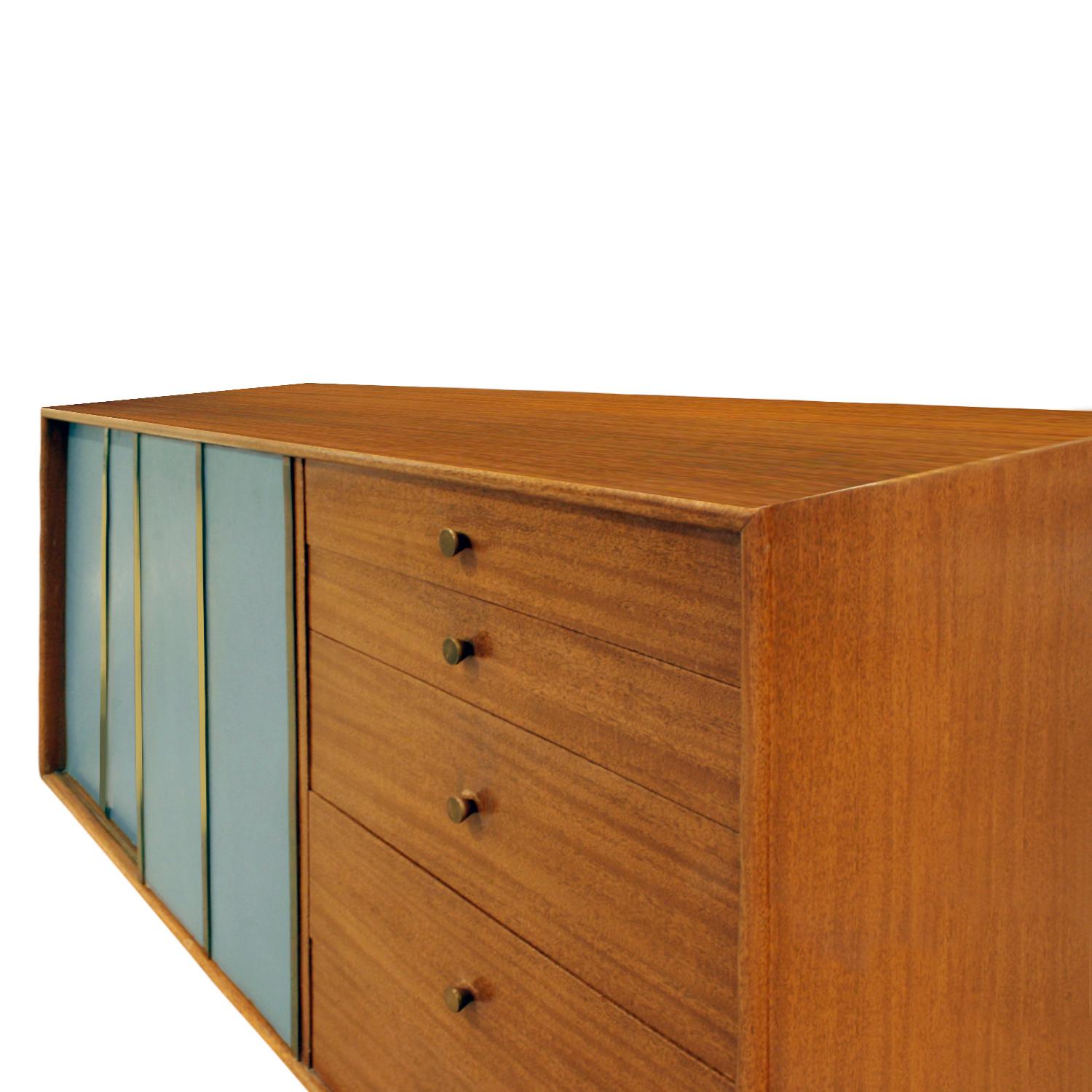 Harvey Probber Mahogany Credenza with Blue Leather Sliding Doors 1950s 'Signed' In Excellent Condition In New York, NY