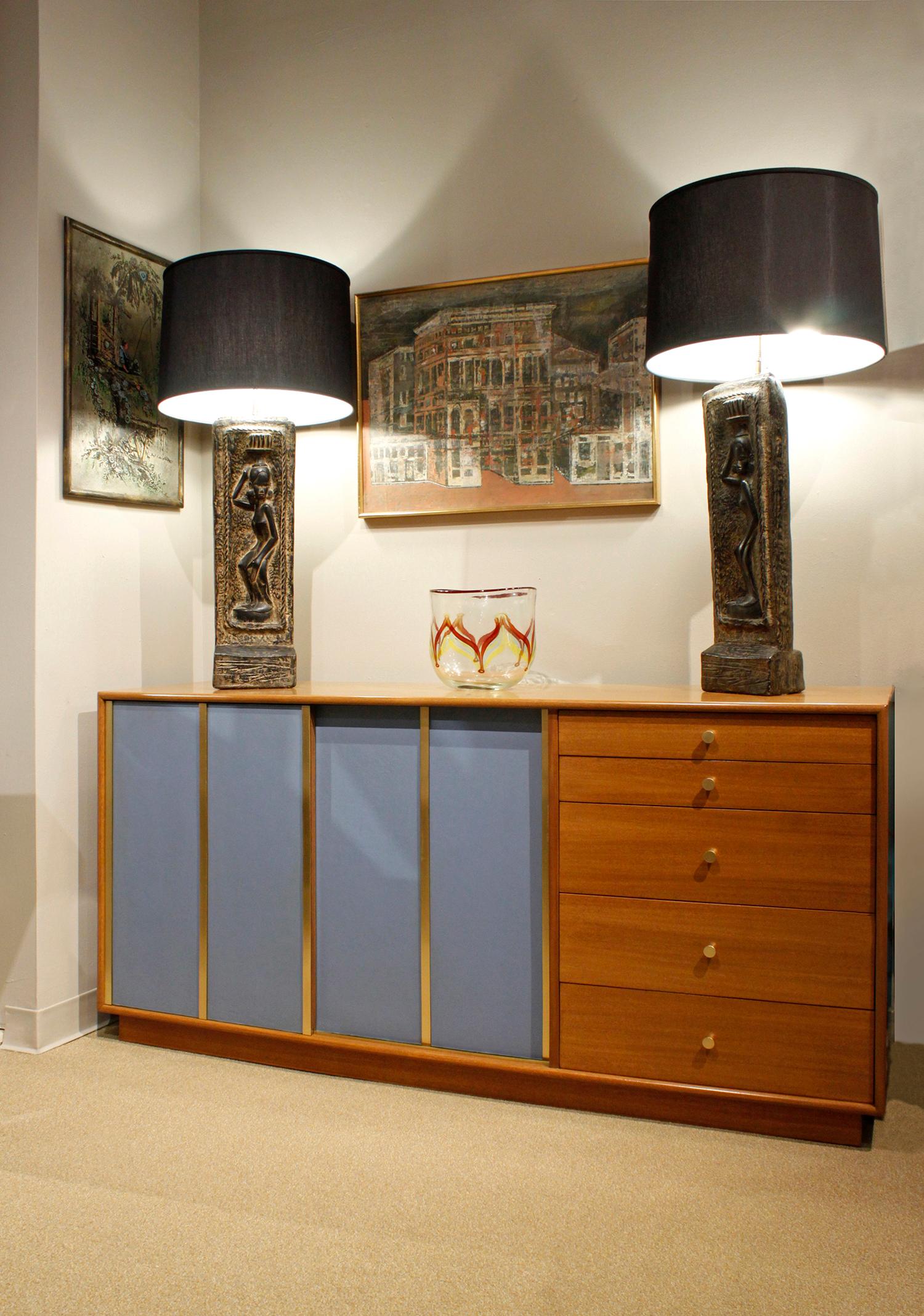 Brass Harvey Probber Mahogany Credenza with Blue Leather Sliding Doors 1950s 'Signed'