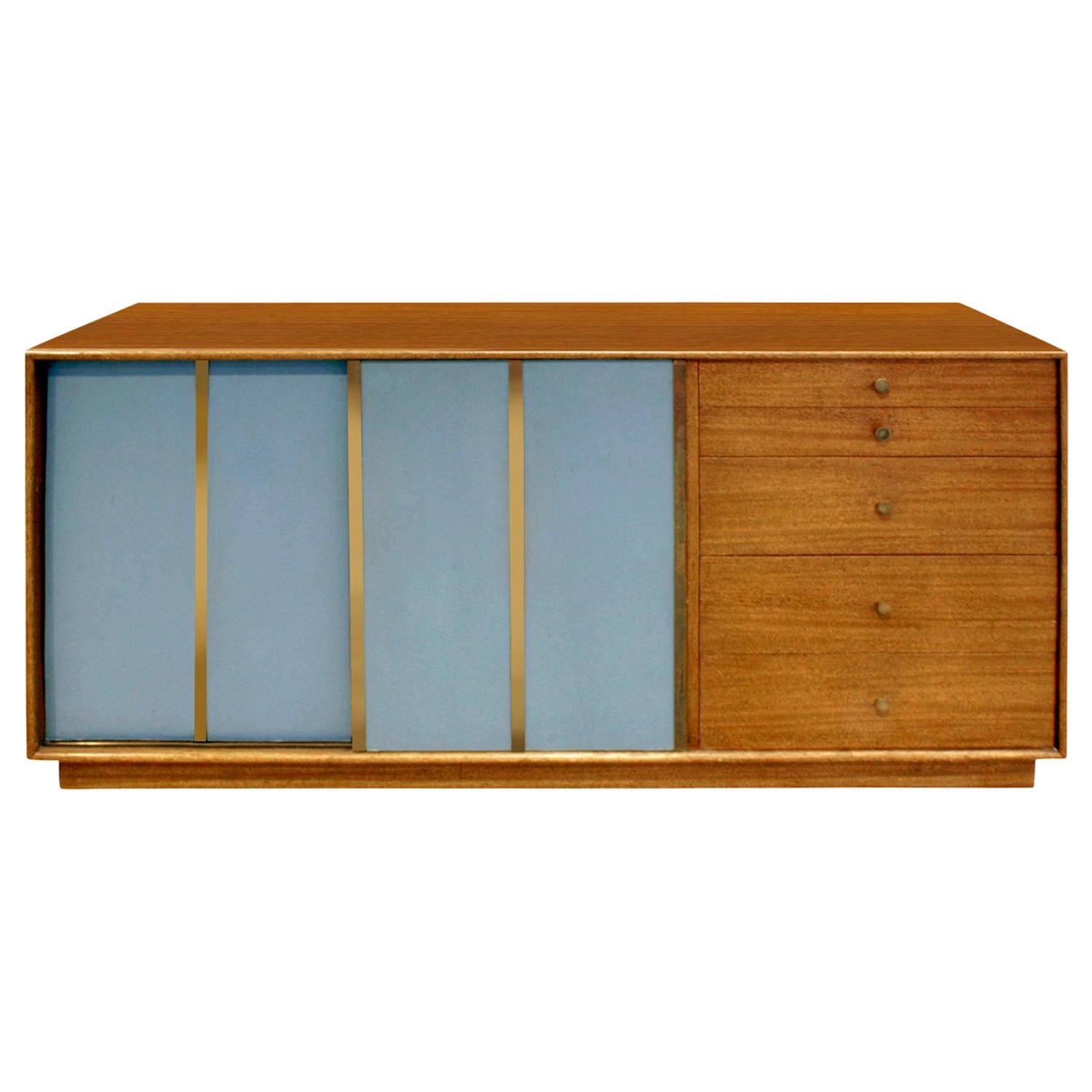 Harvey Probber Mahogany Credenza with Blue Leather Sliding Doors 1950s 
Signed
