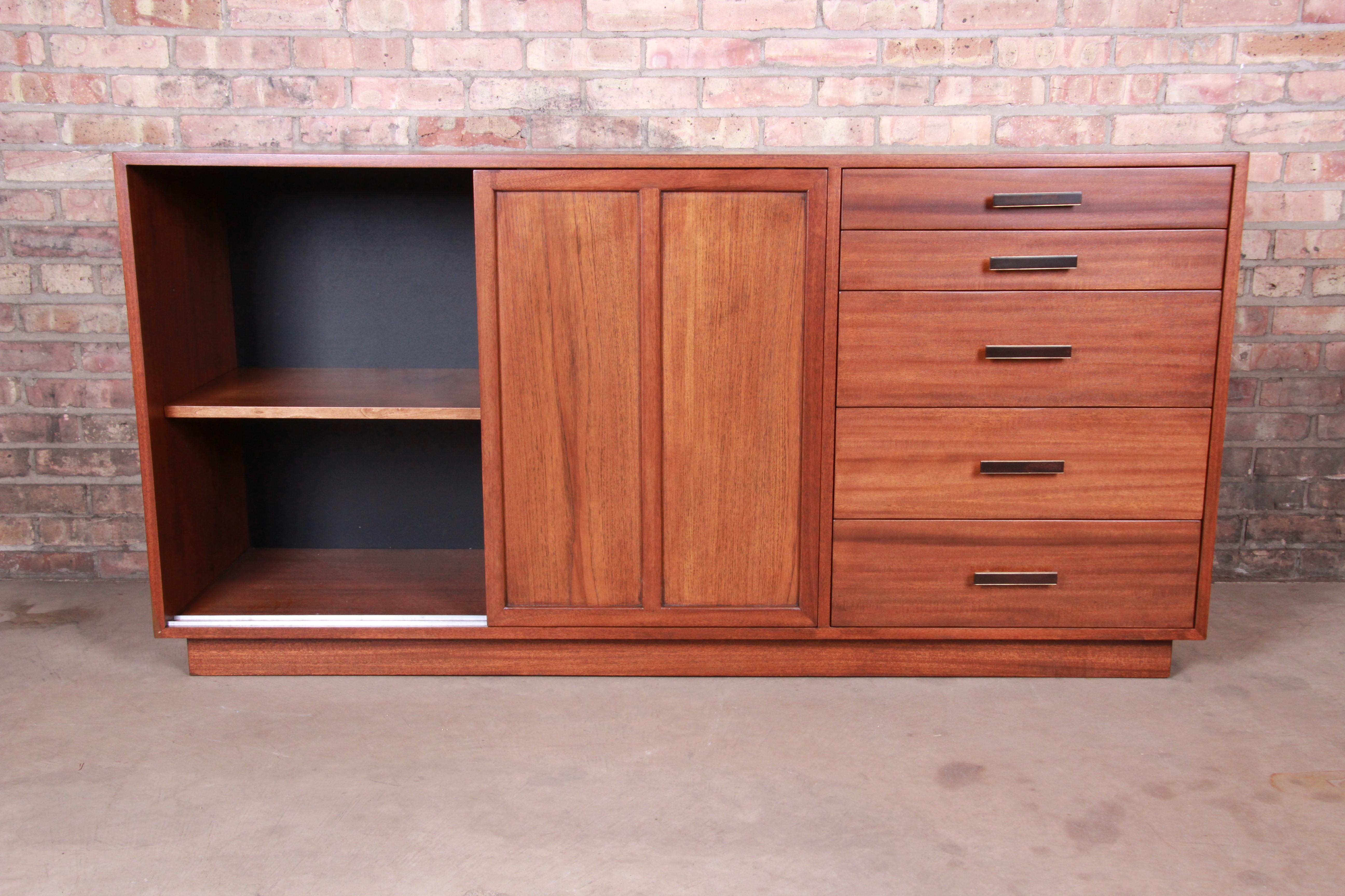 Brass Harvey Probber Mahogany Sideboard Credenza or Bar Cabinet, Newly Restored For Sale