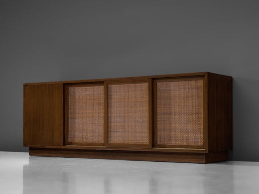 Harvey Probber Mahogany Sideboard With Rattan Sliding Doors For