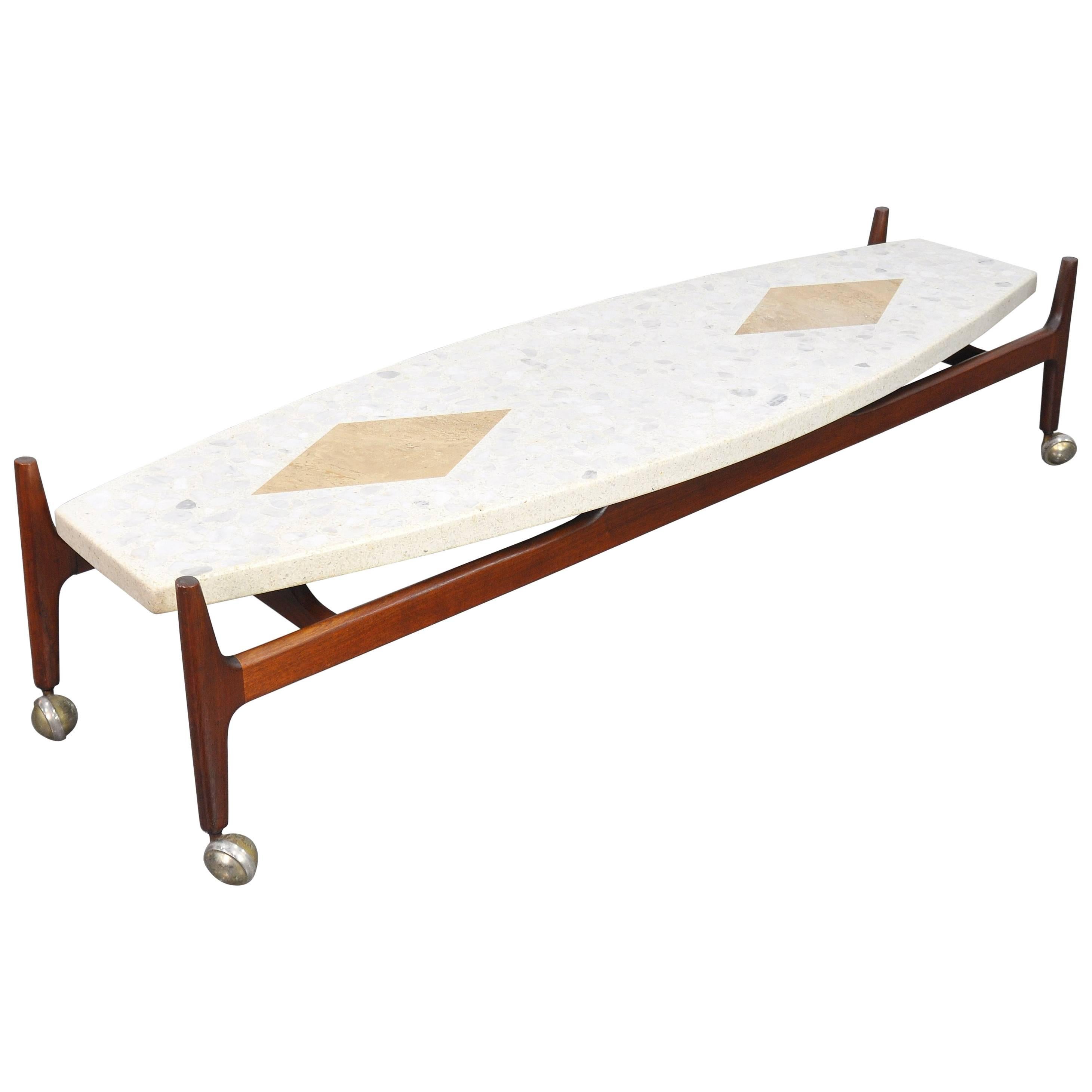 Harvey Probber Marble, Terrazzo, Travertine and Walnut Surfboard Coffee Table