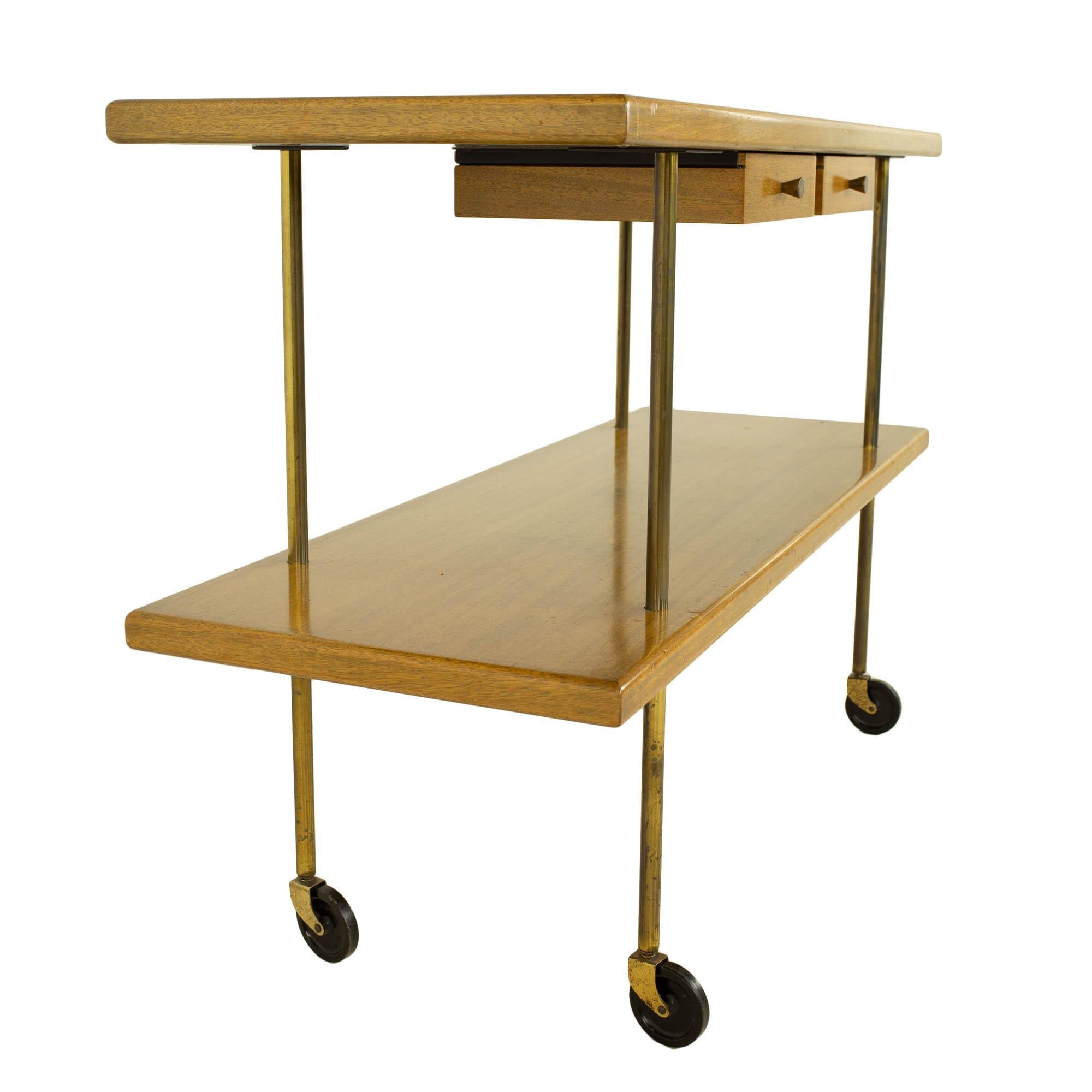 American Harvey Probber Mid-Century Brass and Bleached Mahogany Rolling Serving Bar Cart For Sale
