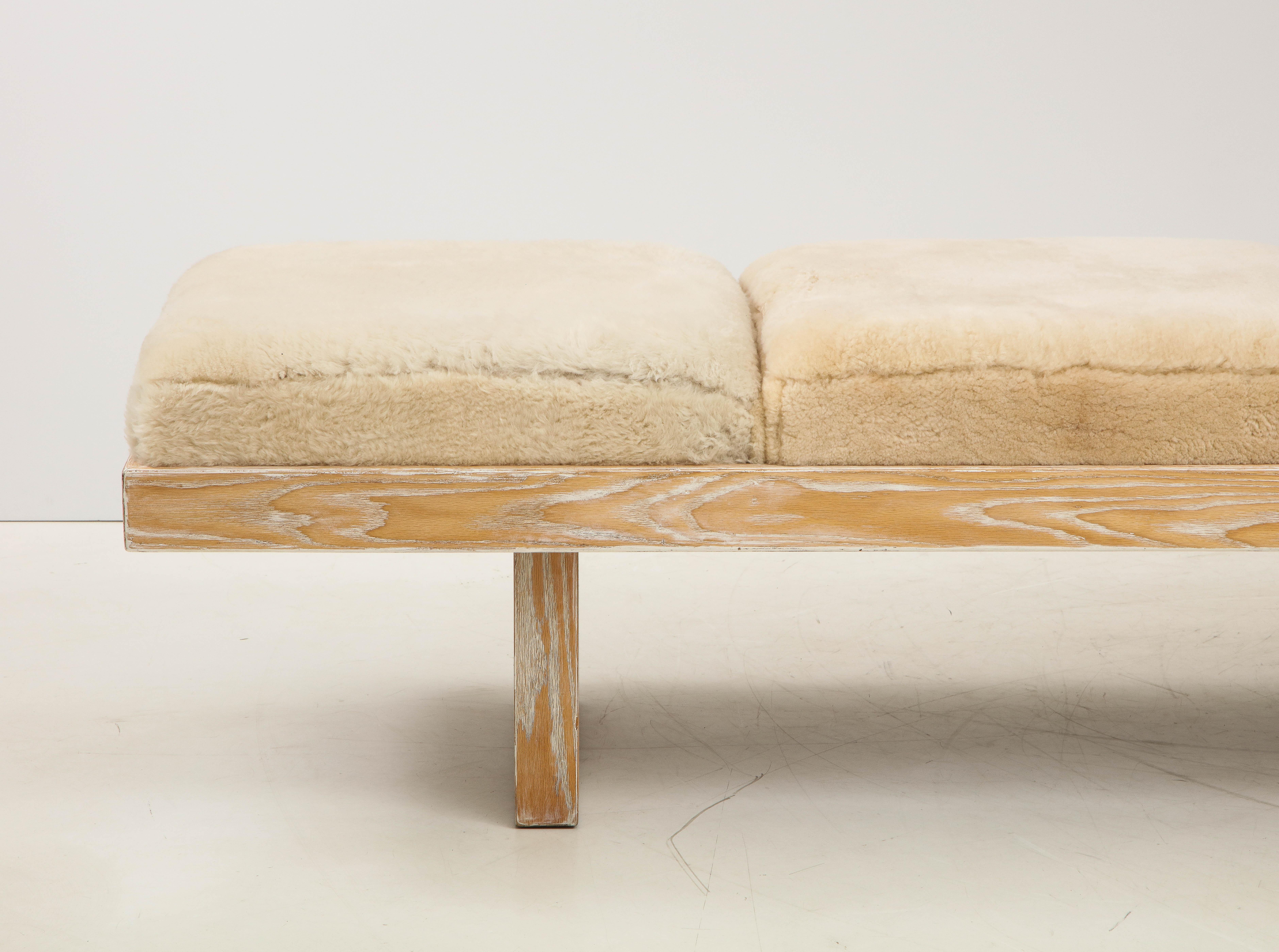 Harvey Probber Midcentury Cerused Oak/Shearling Bench, Signed 2