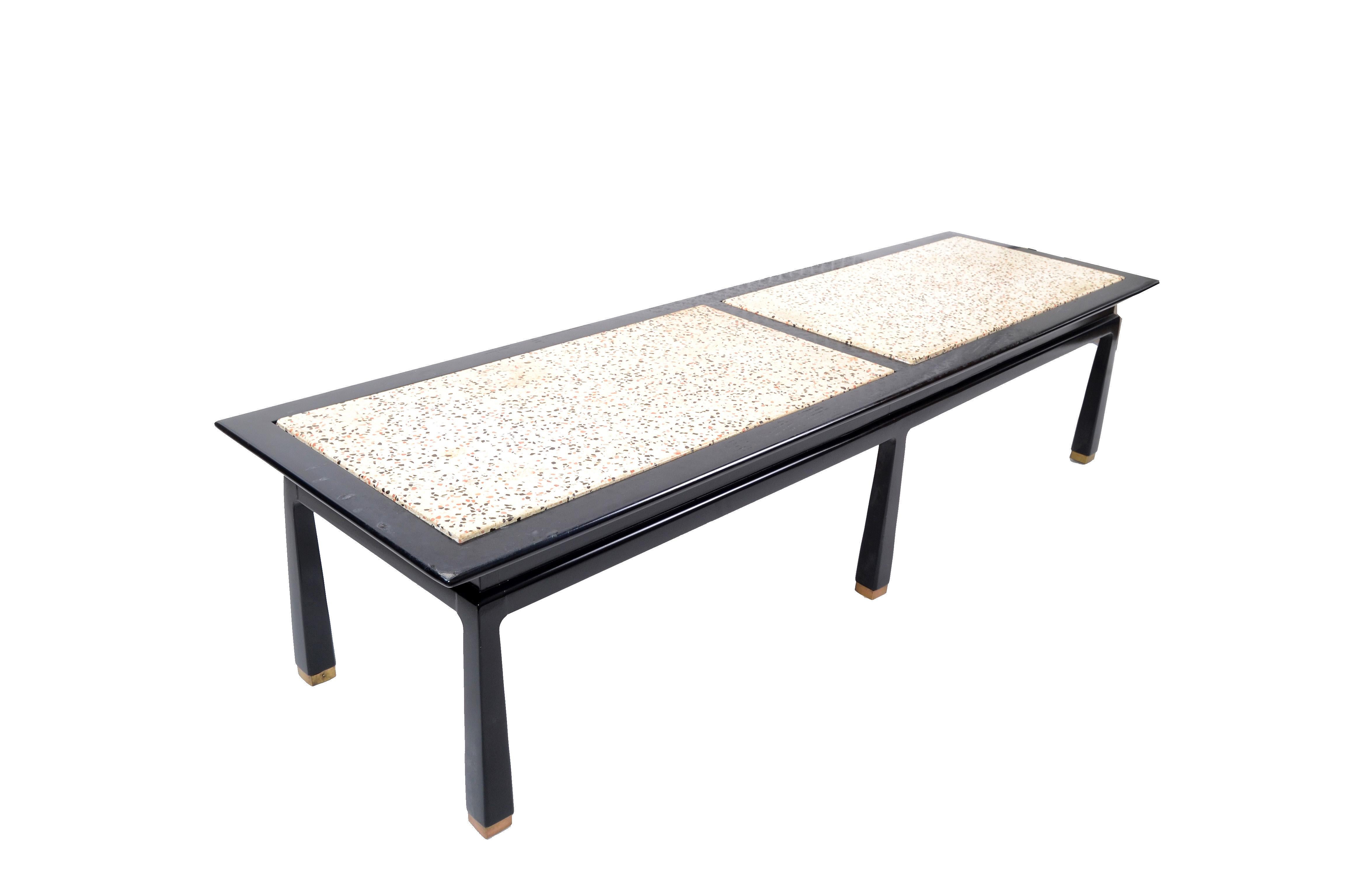 American Harvey Probber Mid-Century Modern Asian Style Travertine and Brass Coffee Table For Sale