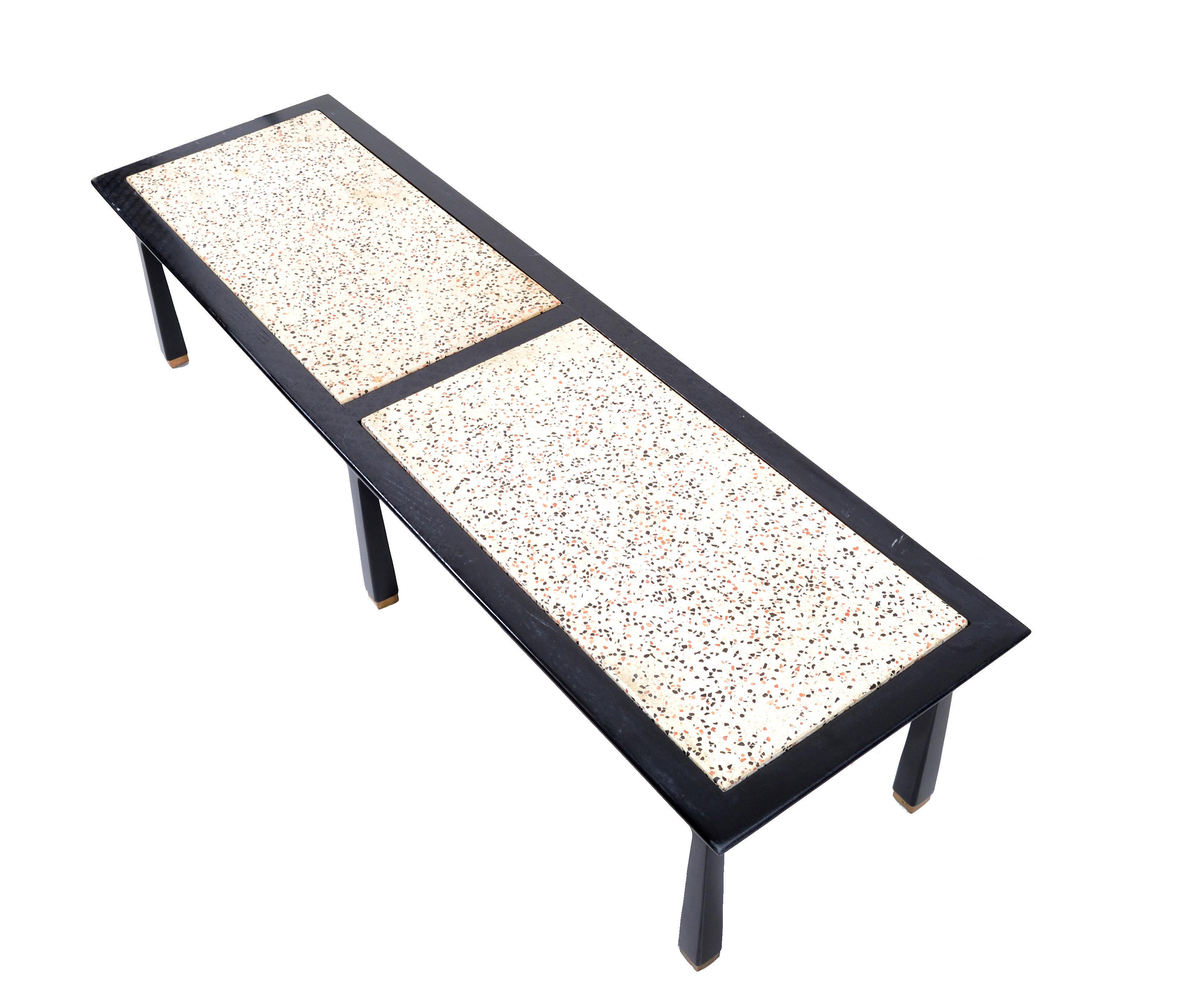 Ebonized Harvey Probber Mid-Century Modern Asian Style Travertine and Brass Coffee Table For Sale