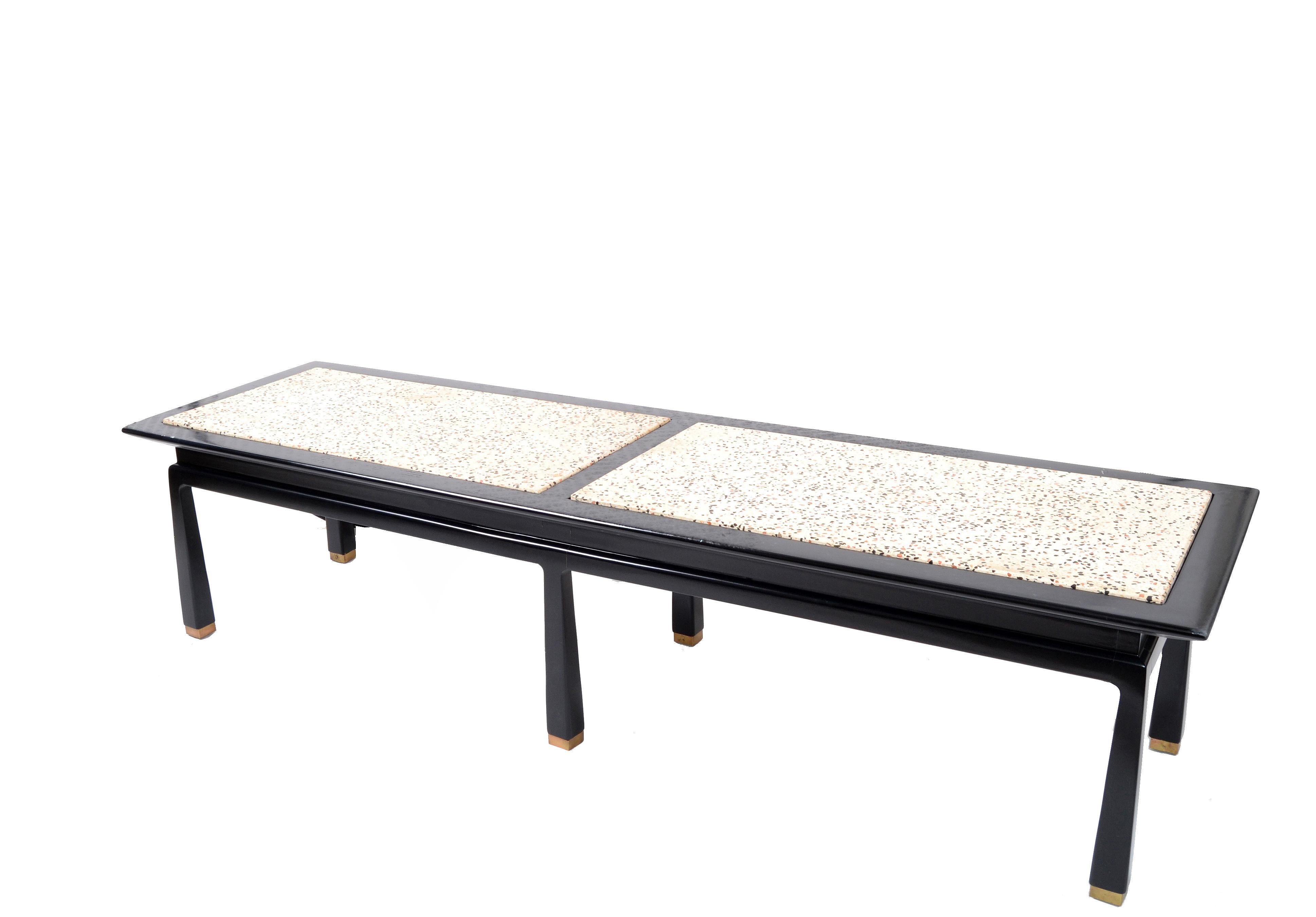 Harvey Probber Mid-Century Modern Asian Style Travertine and Brass Coffee Table In Good Condition For Sale In Miami, FL