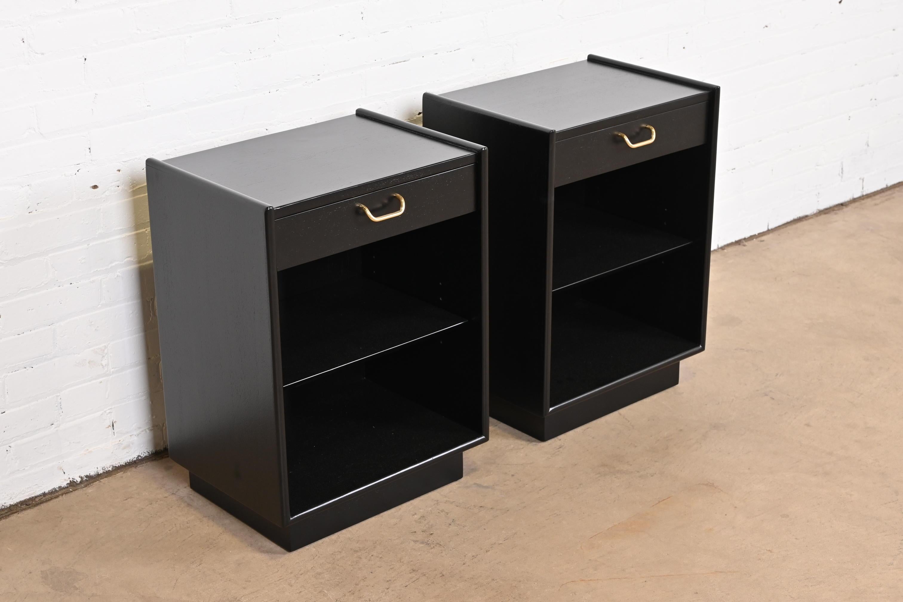 Brass Harvey Probber Mid-Century Modern Black Lacquered Nightstands, Newly Refinished