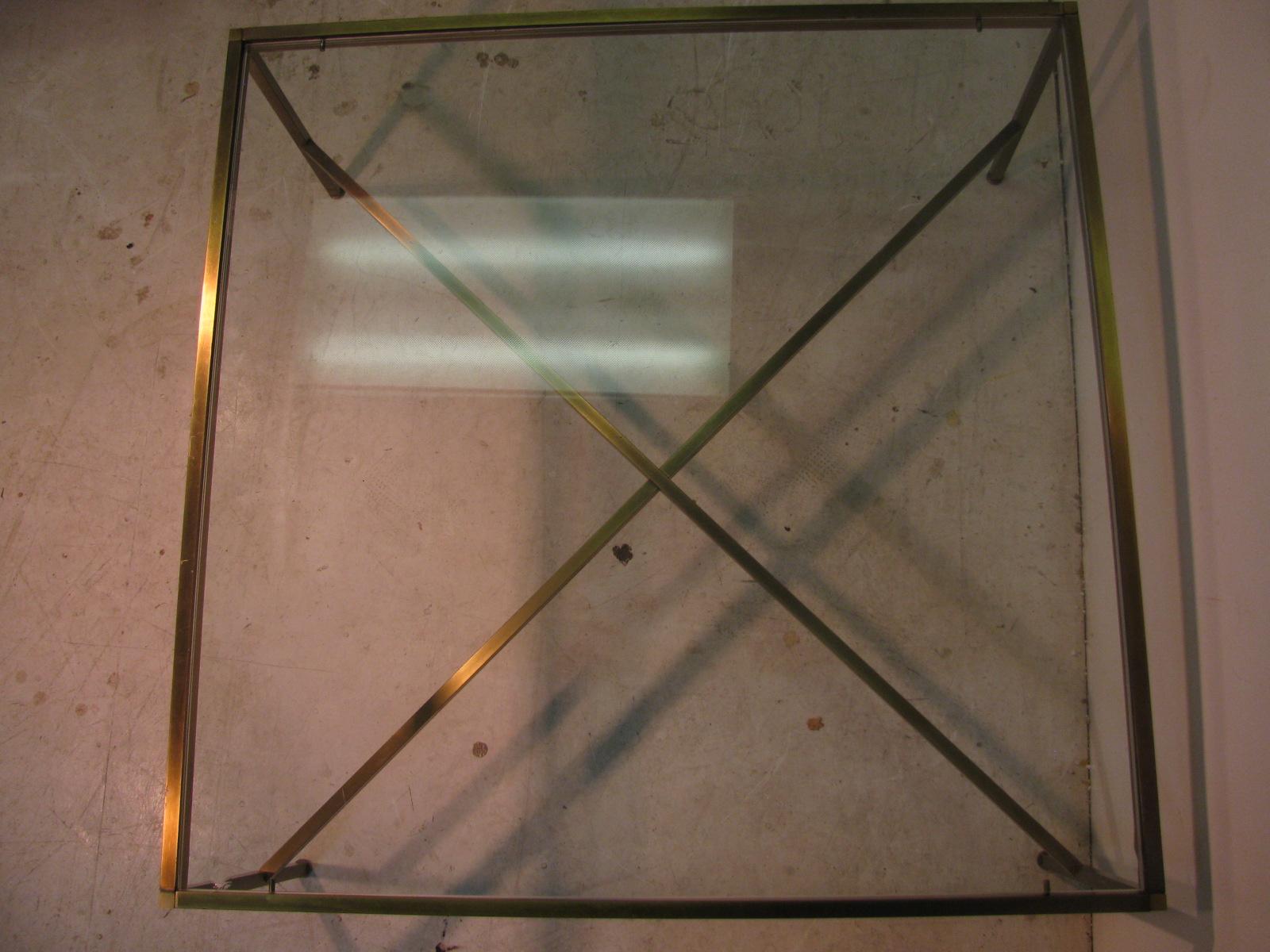 Mid-Century Modern Brass With Glass Square Cocktail Table with X Stretcher For Sale 4