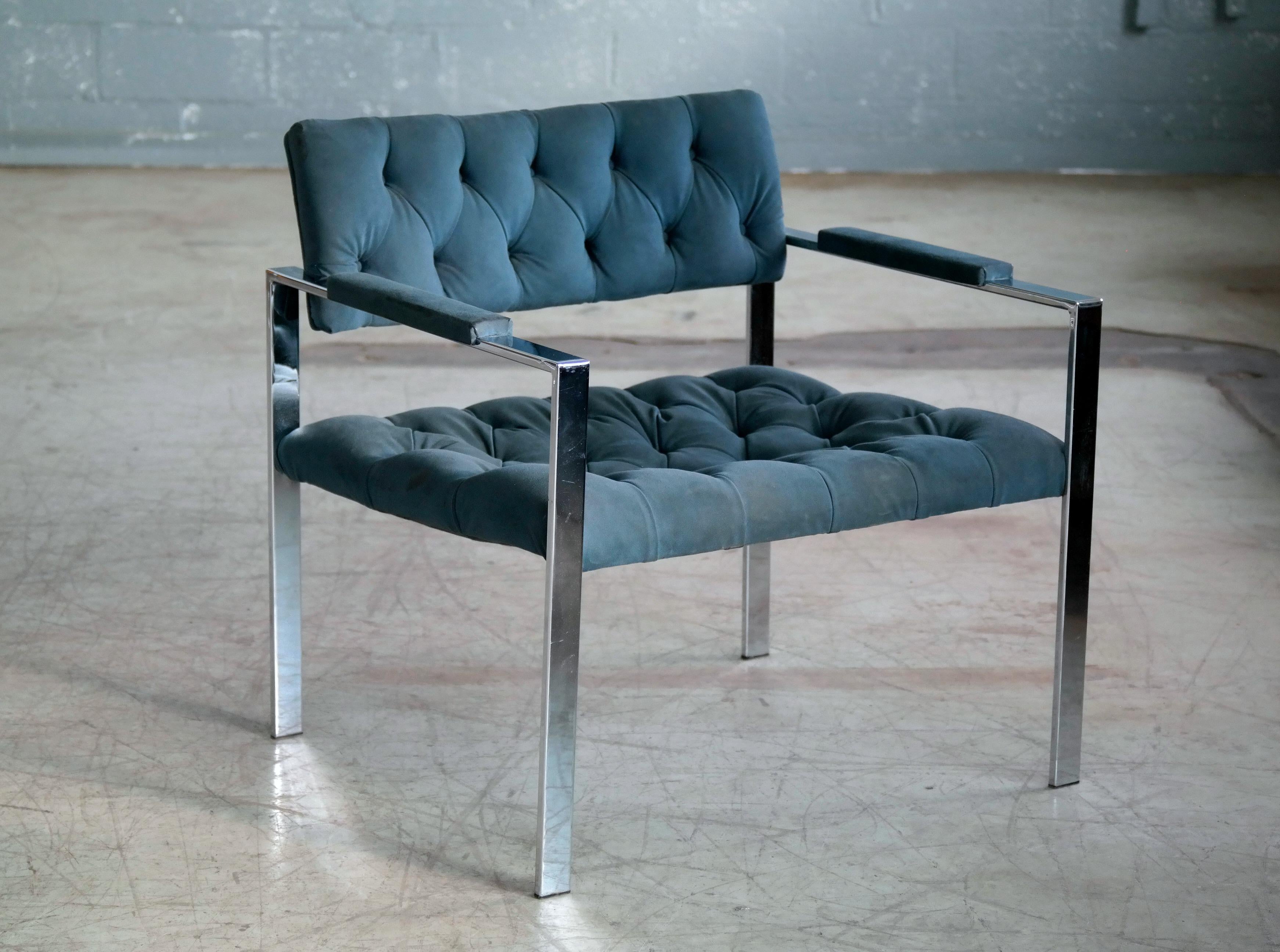 Beautiful 1960s Harvey Probber style modern lounge chair in chromed steel with seat arm and back rests in tufted teal colored velvet. Generous elegant proportions and very comfortably padded with a highly polished chrome fame, this Harvey Probber