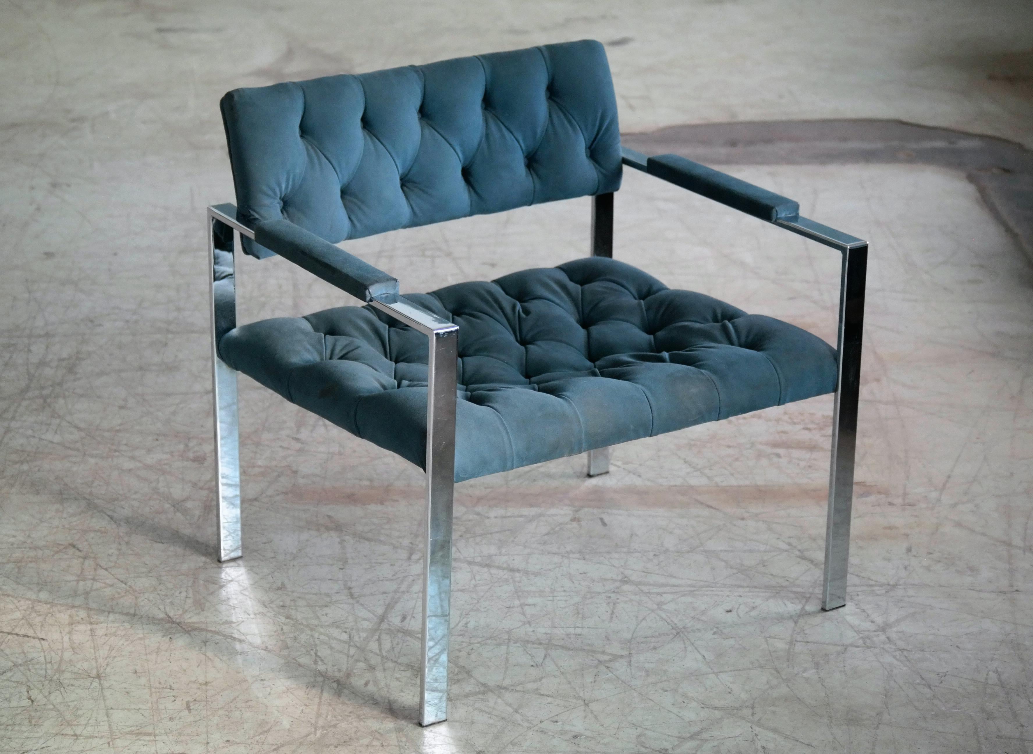 Harvey Probber Style Mid-Century Modern Chrome and Tufted Velvet Lounge Chair In Good Condition For Sale In Bridgeport, CT