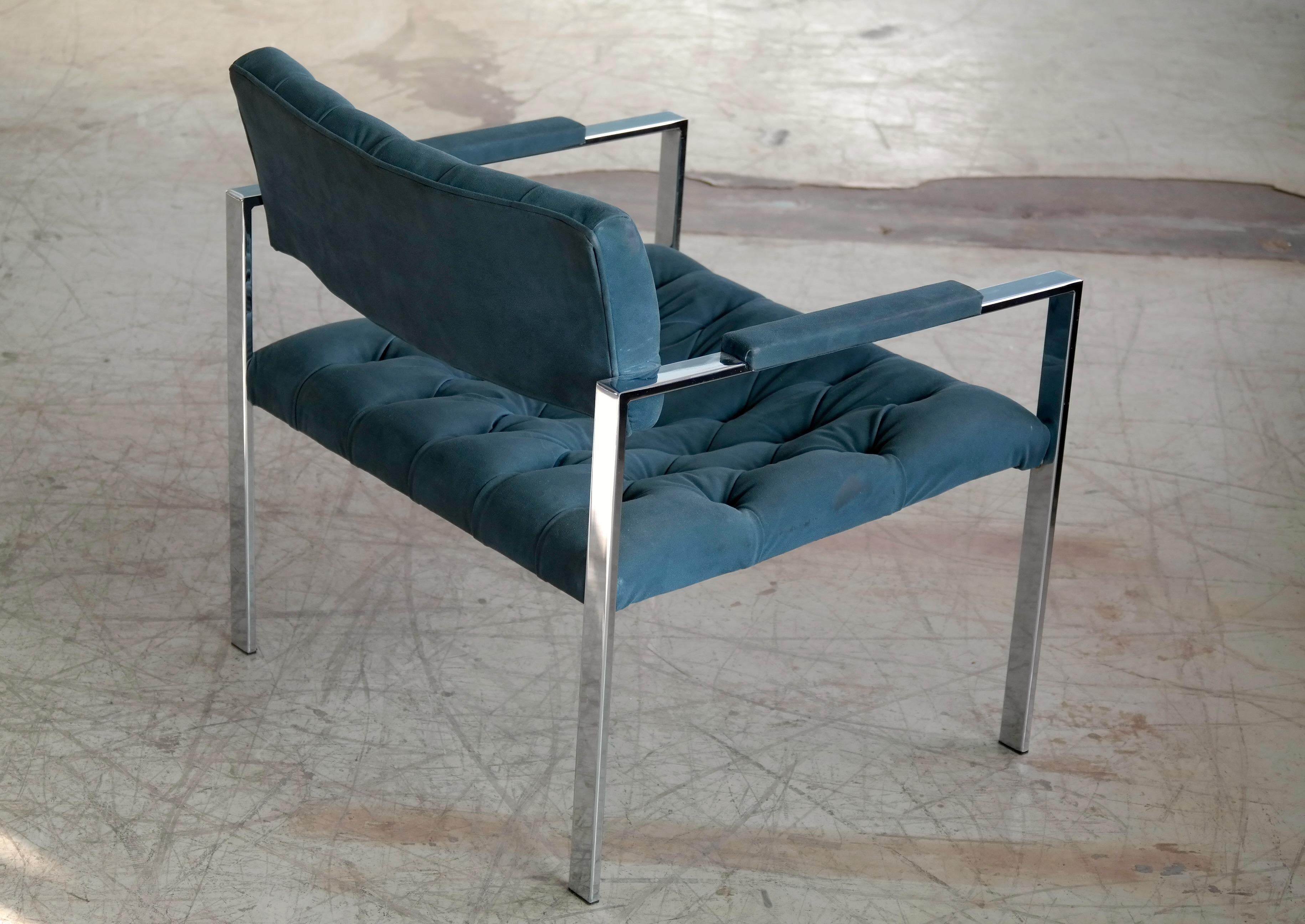 Late 20th Century Harvey Probber Style Mid-Century Modern Chrome and Tufted Velvet Lounge Chair For Sale