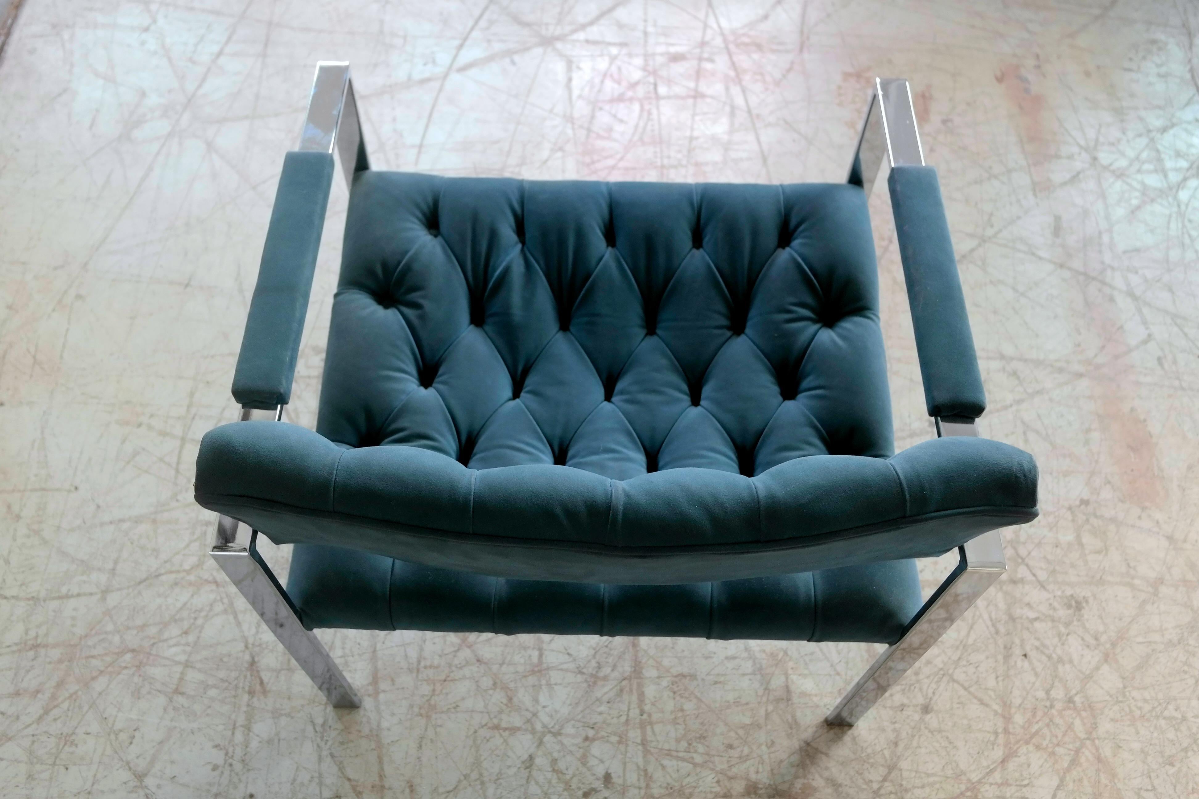 Steel Harvey Probber Style Mid-Century Modern Chrome and Tufted Velvet Lounge Chair For Sale