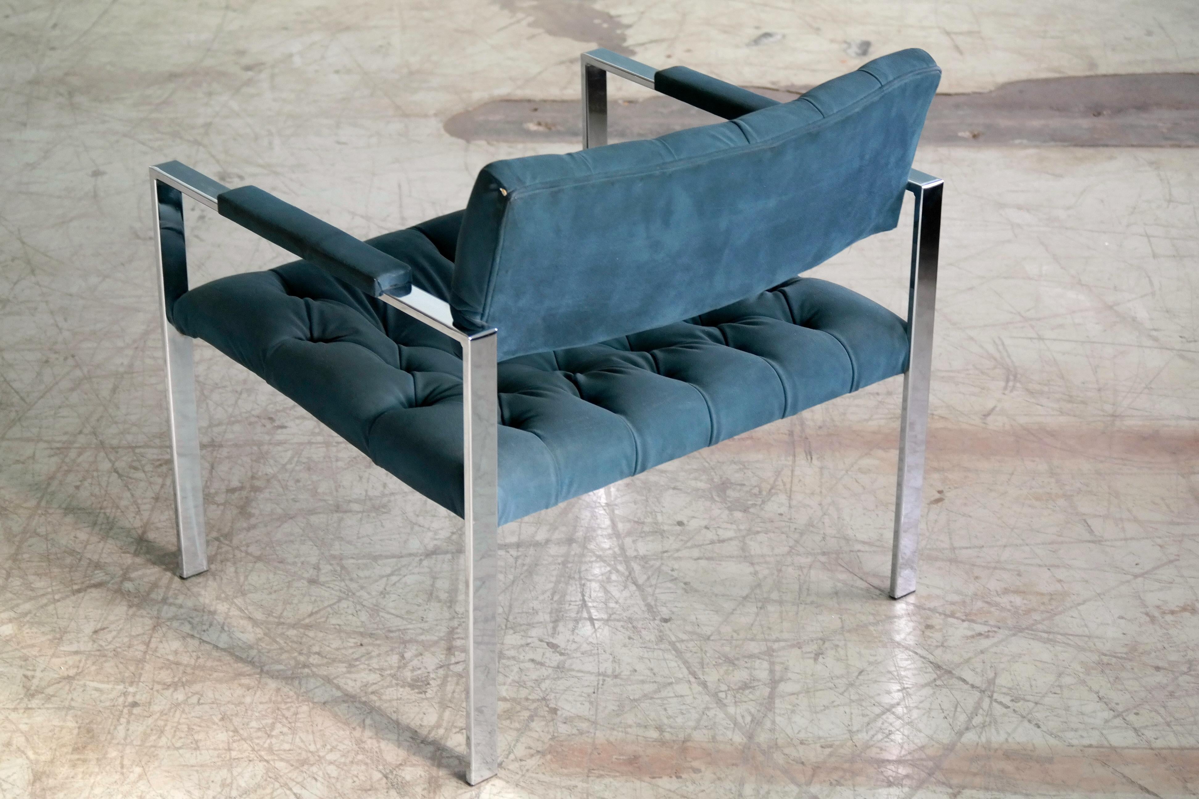 Harvey Probber Style Mid-Century Modern Chrome and Tufted Velvet Lounge Chair For Sale 1