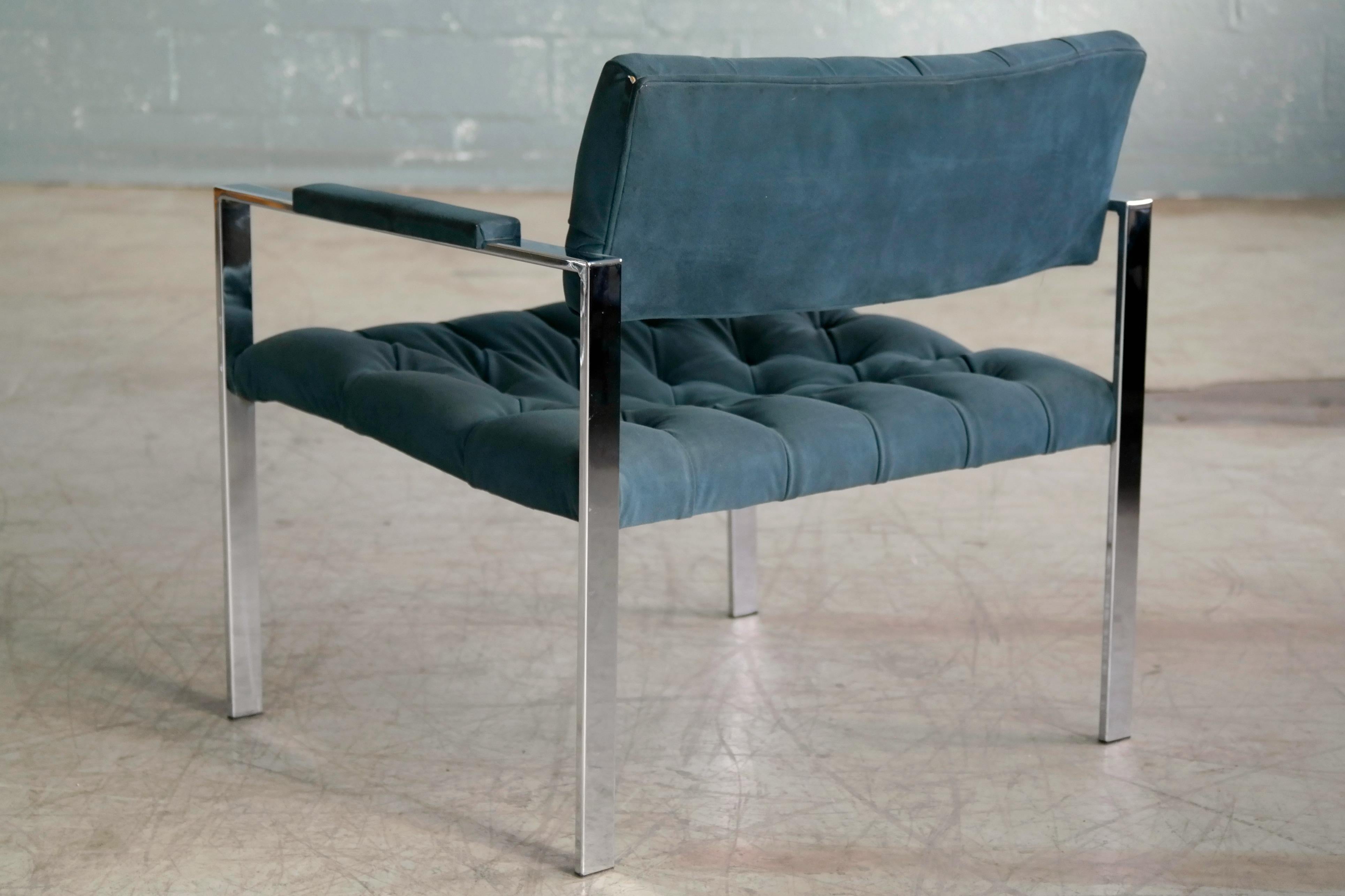 Harvey Probber Style Mid-Century Modern Chrome and Tufted Velvet Lounge Chair For Sale 2