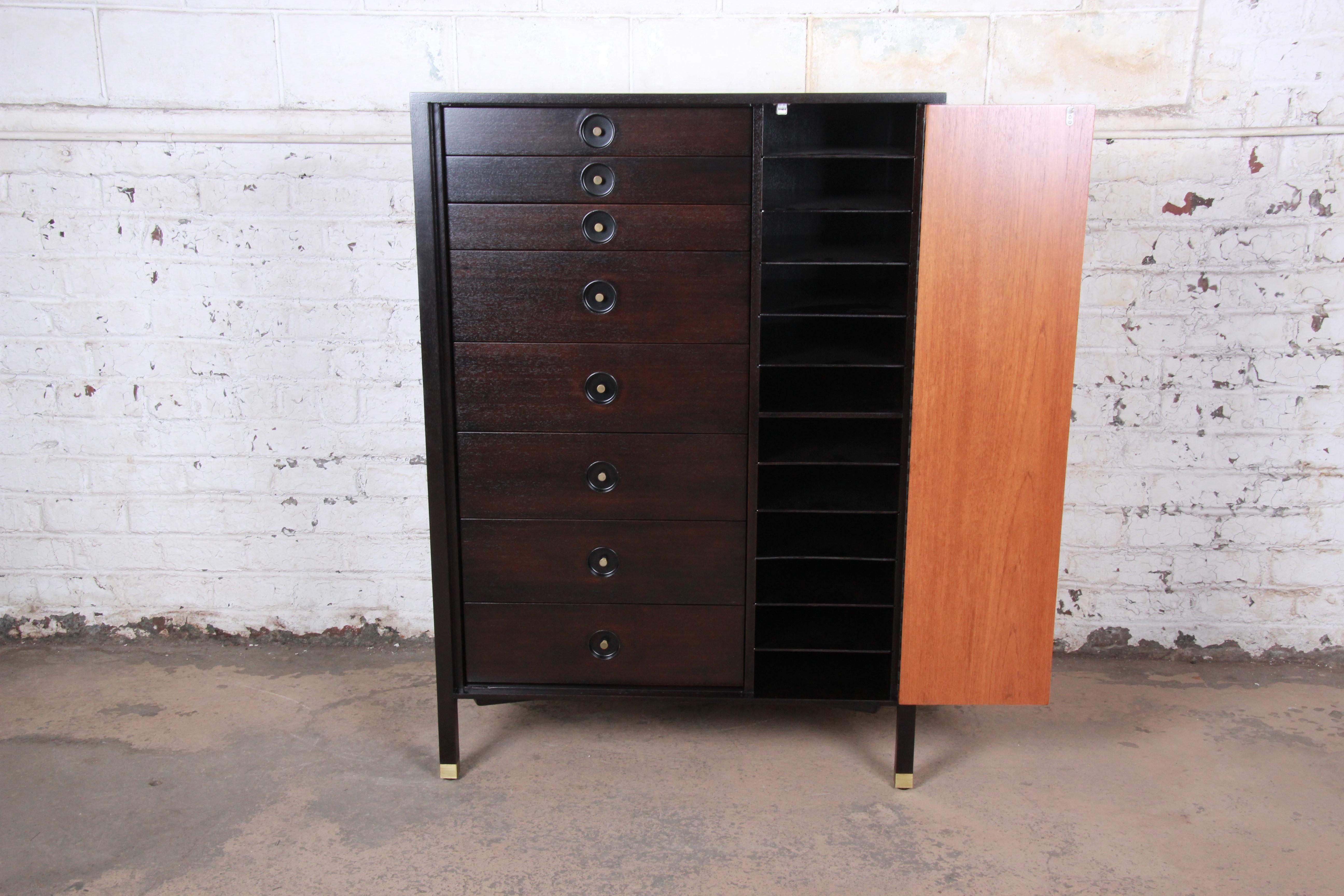 American Harvey Probber Mid-Century Modern Gentleman's Chest in Teak, Mahogany, and Brass