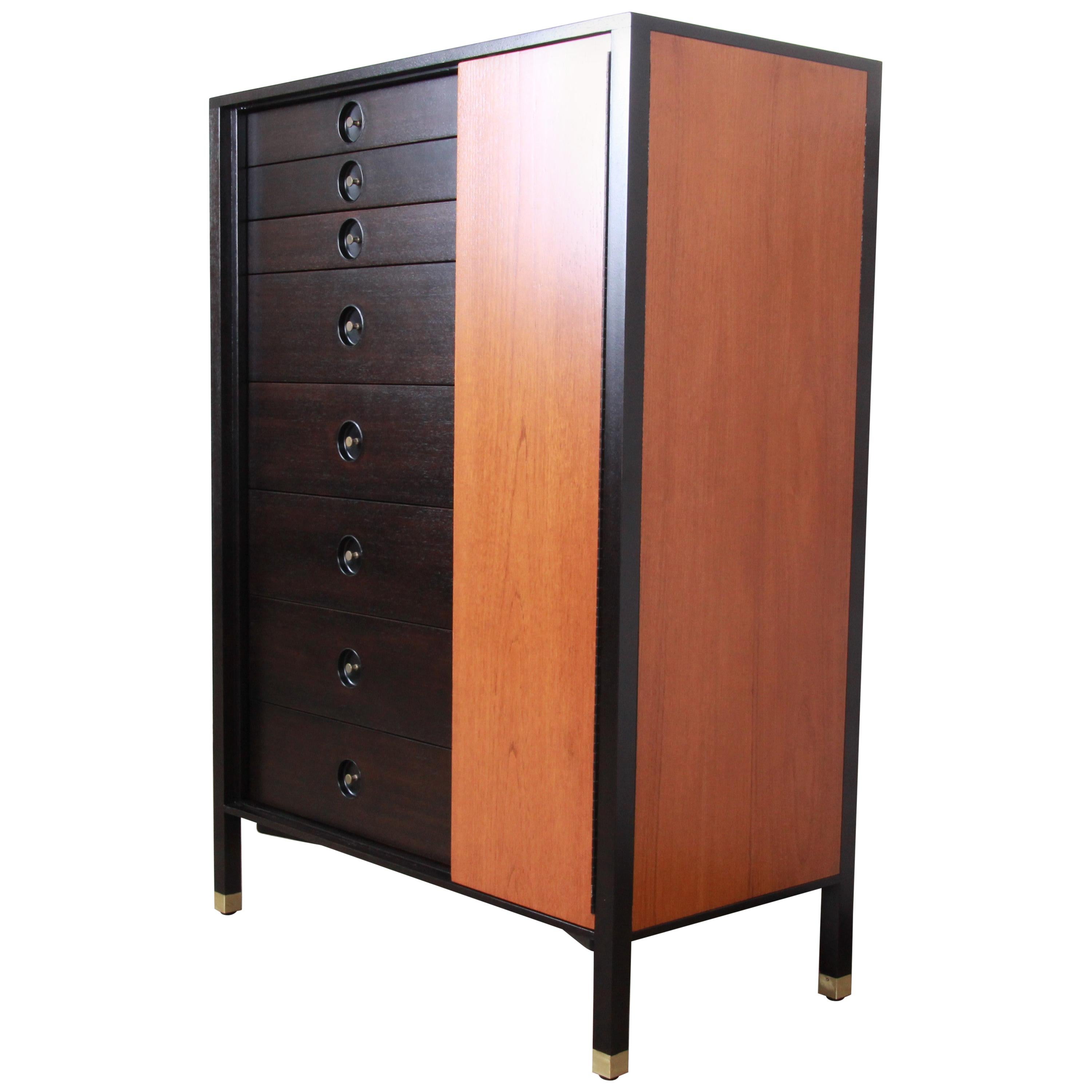 Harvey Probber Mid-Century Modern Gentleman's Chest in Teak, Mahogany, and Brass