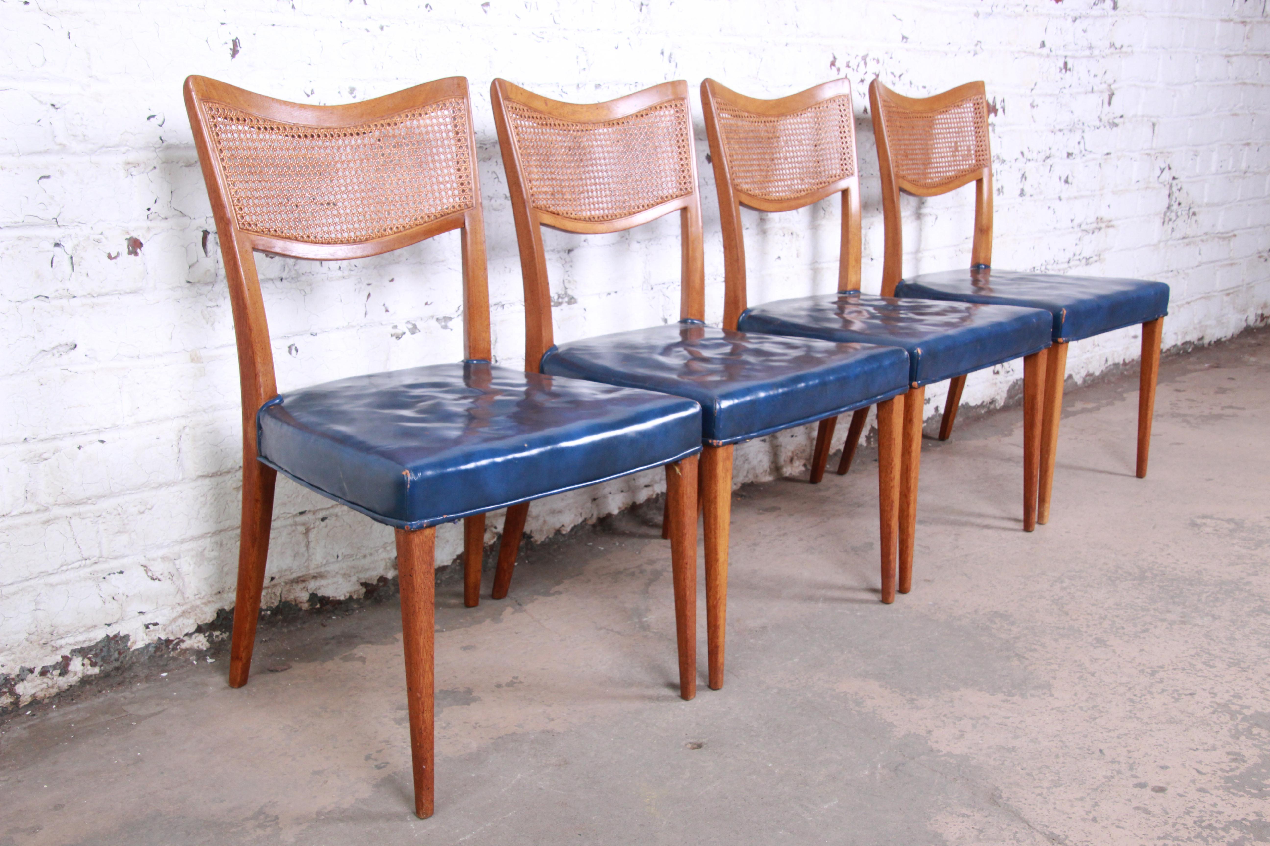 American Harvey Probber Mid-Century Modern Mahogany and Cane Dining Chairs, Set of Four