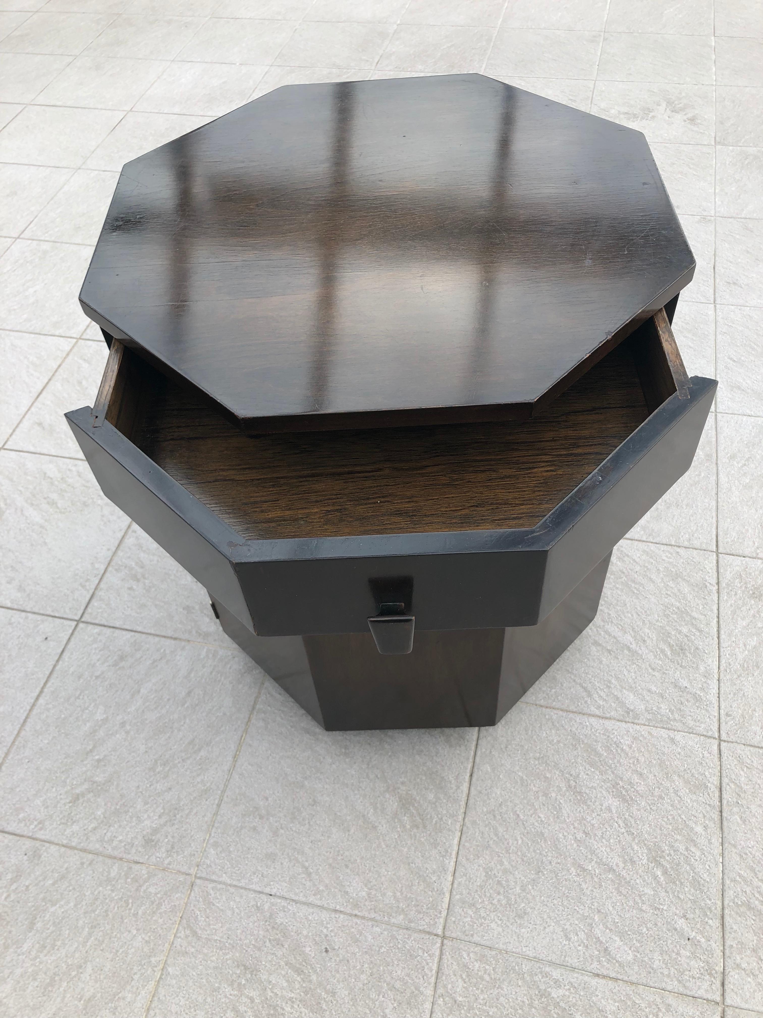 Harvey Probber, bar cabinet, octagonal pedestal table in veneered wood. A belt drawer and a toilet seat.