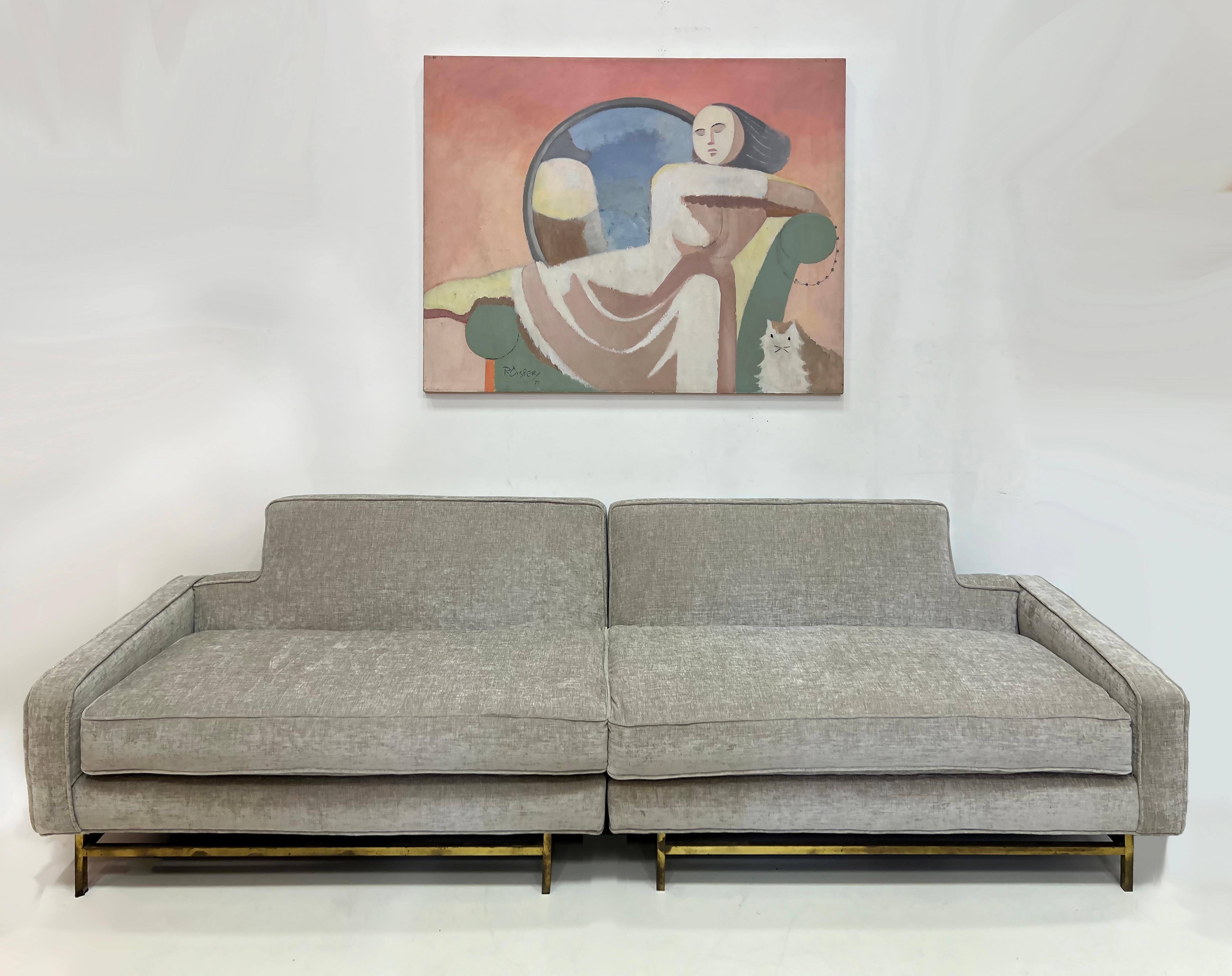 

 Harvey Probber Mid-century Modern Sofa Newly Upholstered, Brass Stretcher

Offered for sale is a rare Harvey Probber Mid-century Modern sofa with a brass stretcher. The sofa is a 2-part sofa that is attached in the center. The piece is newly
