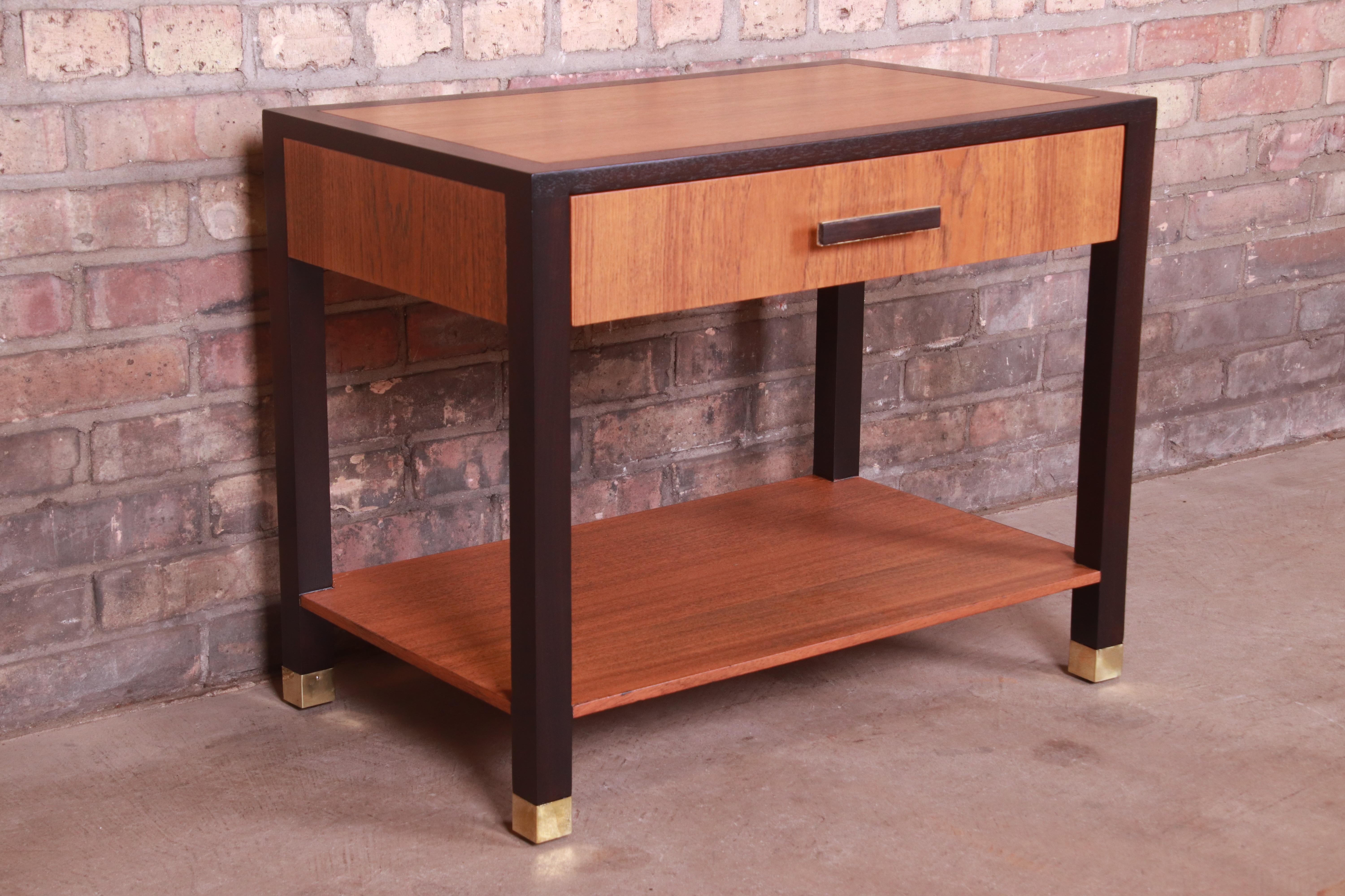 Brass Harvey Probber Mid-Century Modern Teak and Mahogany Nightstand, Newly Refinished For Sale