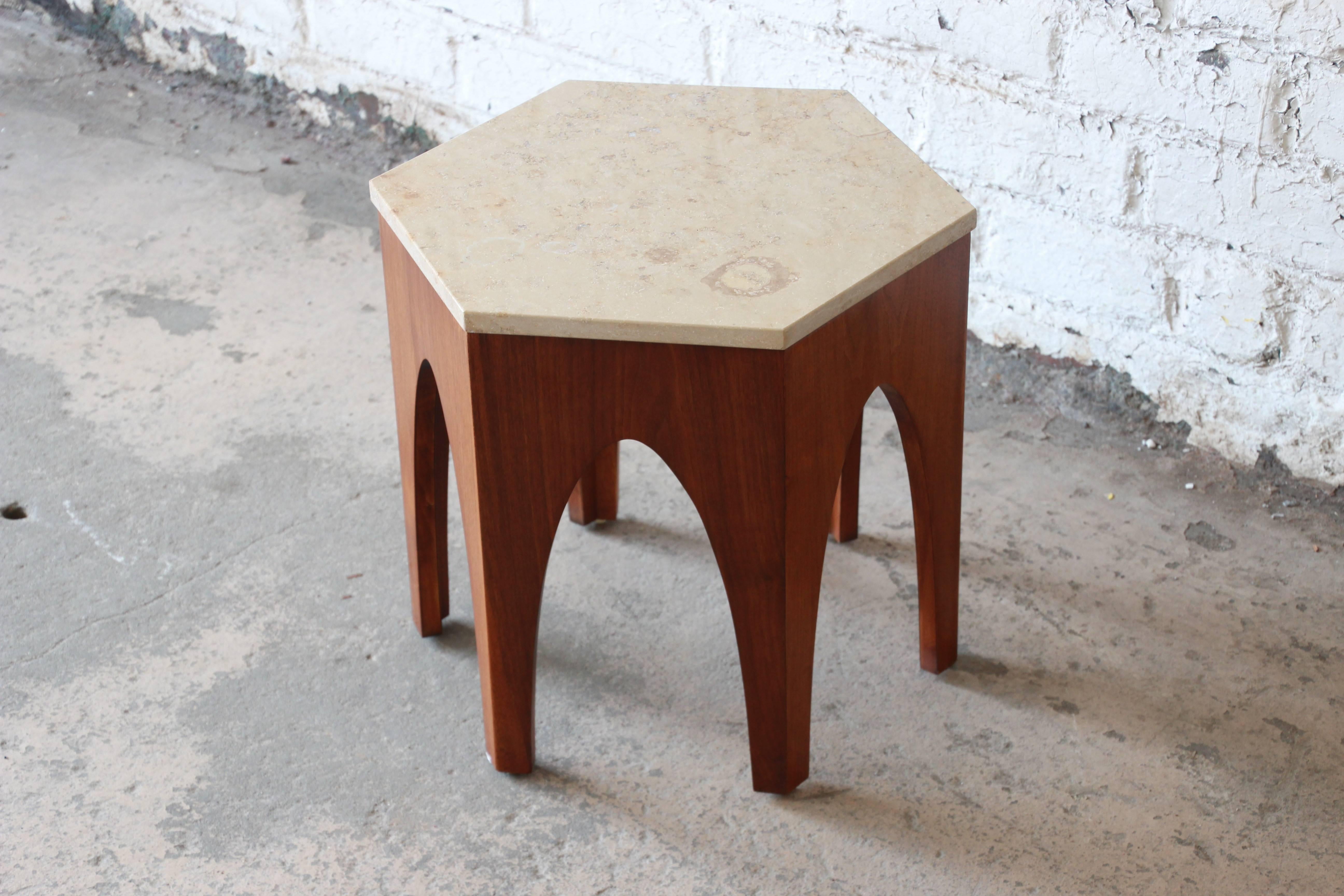 Mid-Century Modern Harvey Probber Style Midcentury Walnut and Travertine Hexagonal Side Table