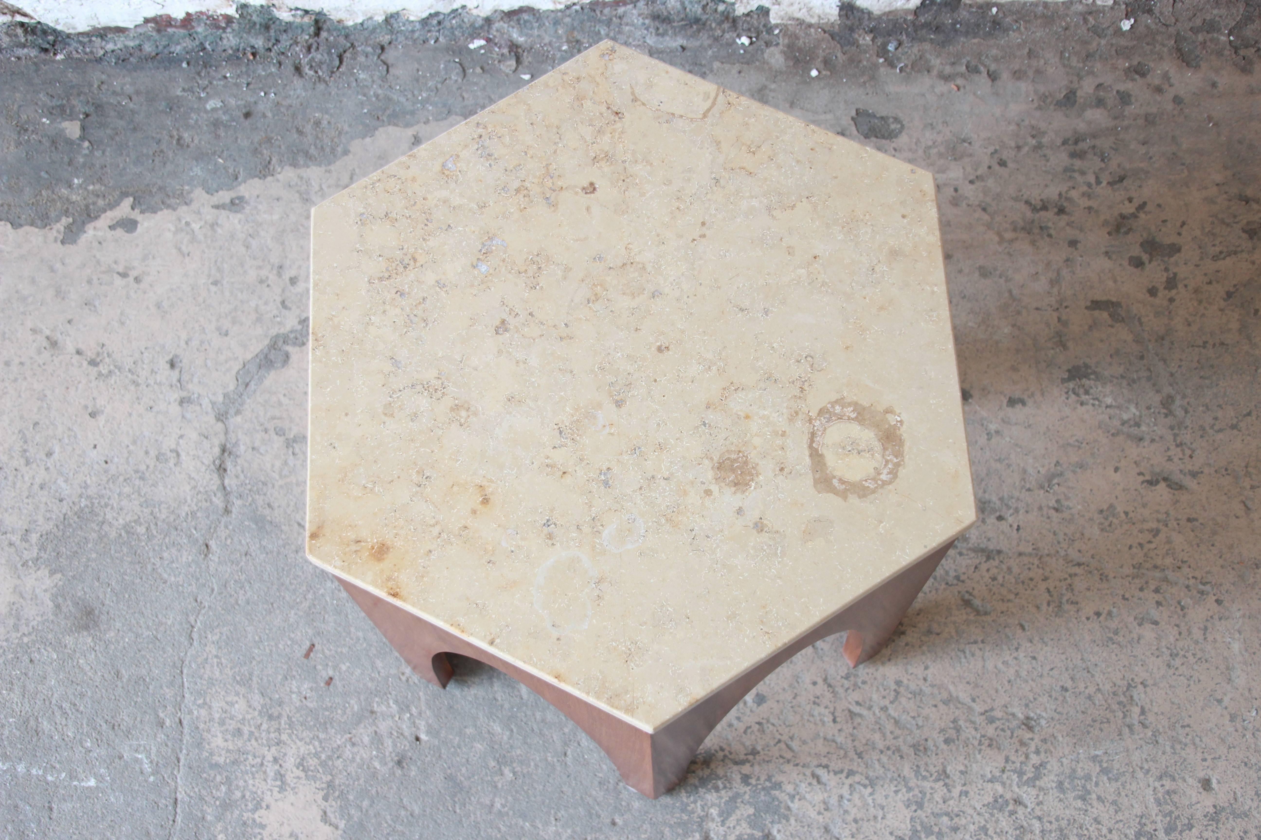 Harvey Probber Style Midcentury Walnut and Travertine Hexagonal Side Table In Good Condition In South Bend, IN