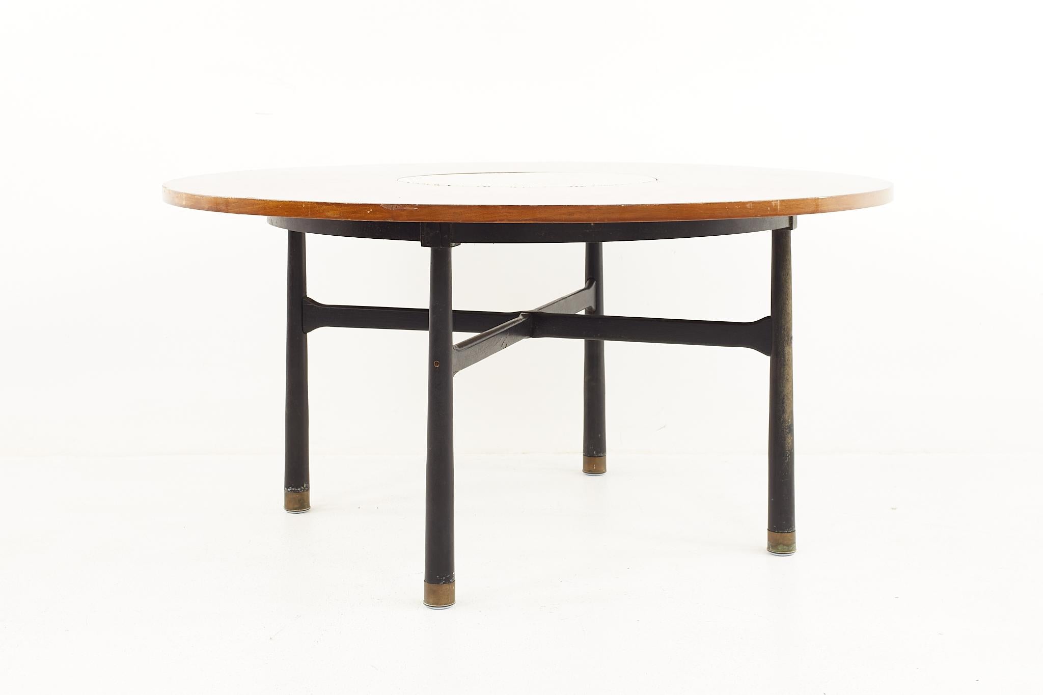 American Harvey Probber Mid Century Round Ebonized Walnut Terrazzo and Brass Dining Table For Sale